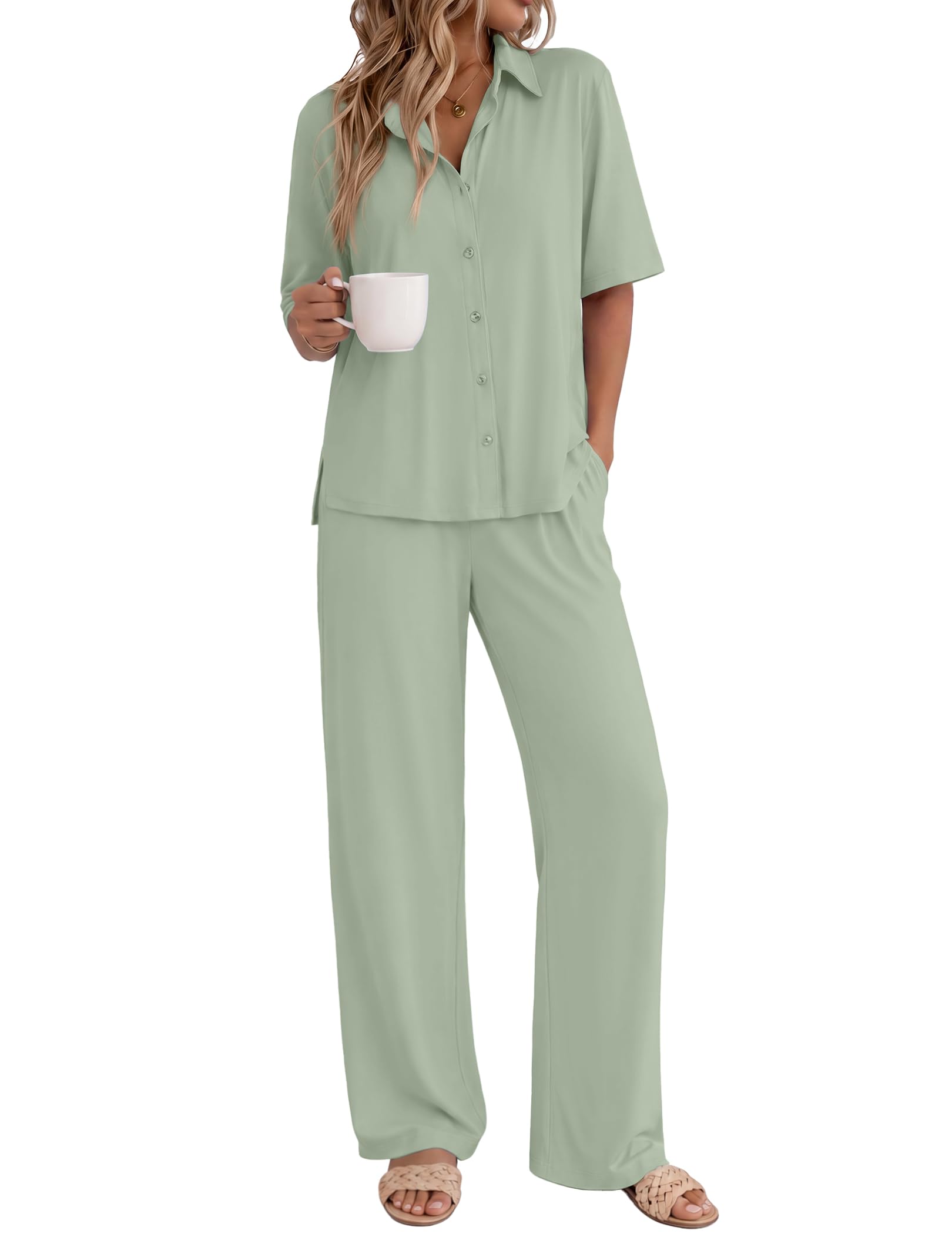 Ekouaer Pajamas for Women Set Button Up Short Sleeve Pjs with Long Pants