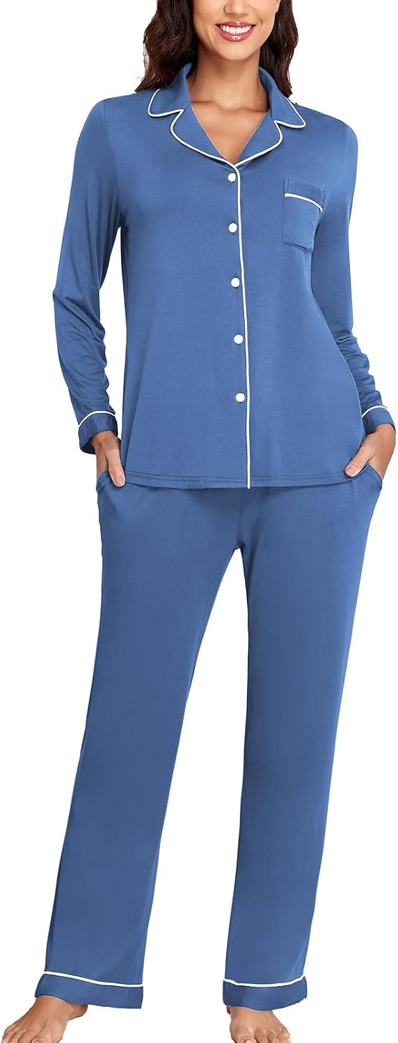 Veseacky Women's Ribbed Knit Pajamas Set 2 Piece Warm Soft Loungewear Sleepwear Pjs S-XXL