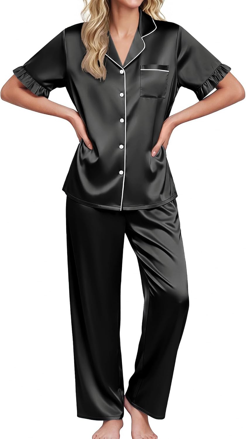 Ekouaer Silk Satin Pajamas for Women Set 2 Piece Short Sleeve Button Up Pjs