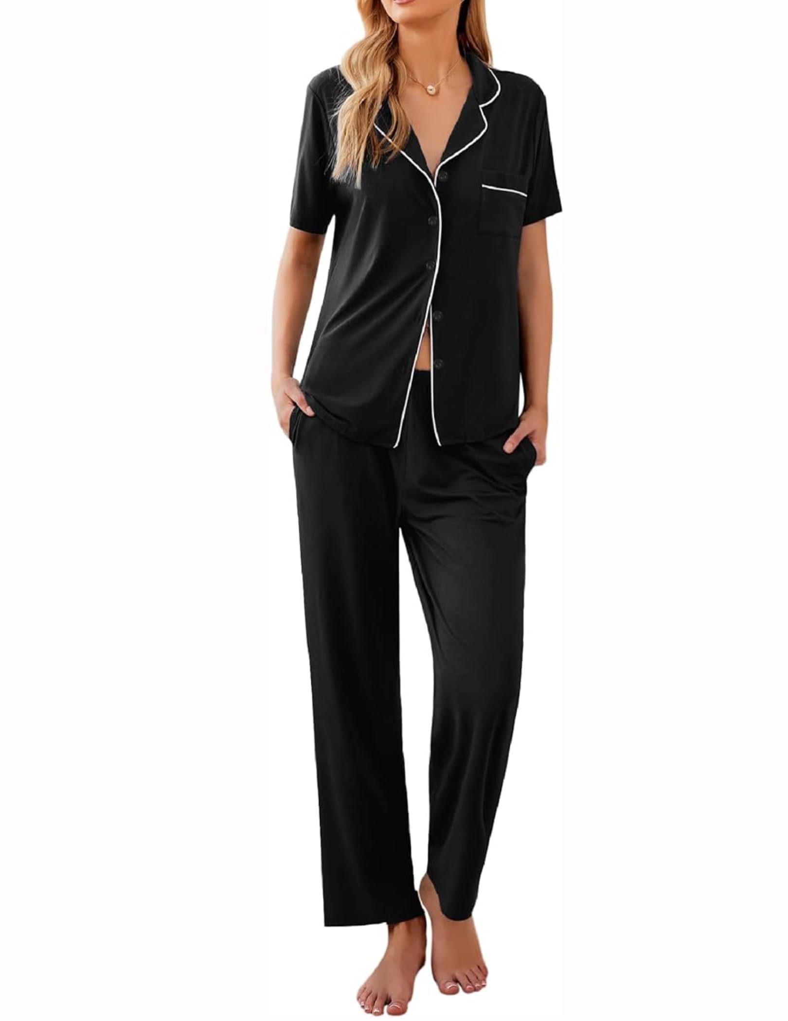 Ekouaer Womens Pajamas Set Short Sleeve Button Down Top & Pants Lounge Pjs