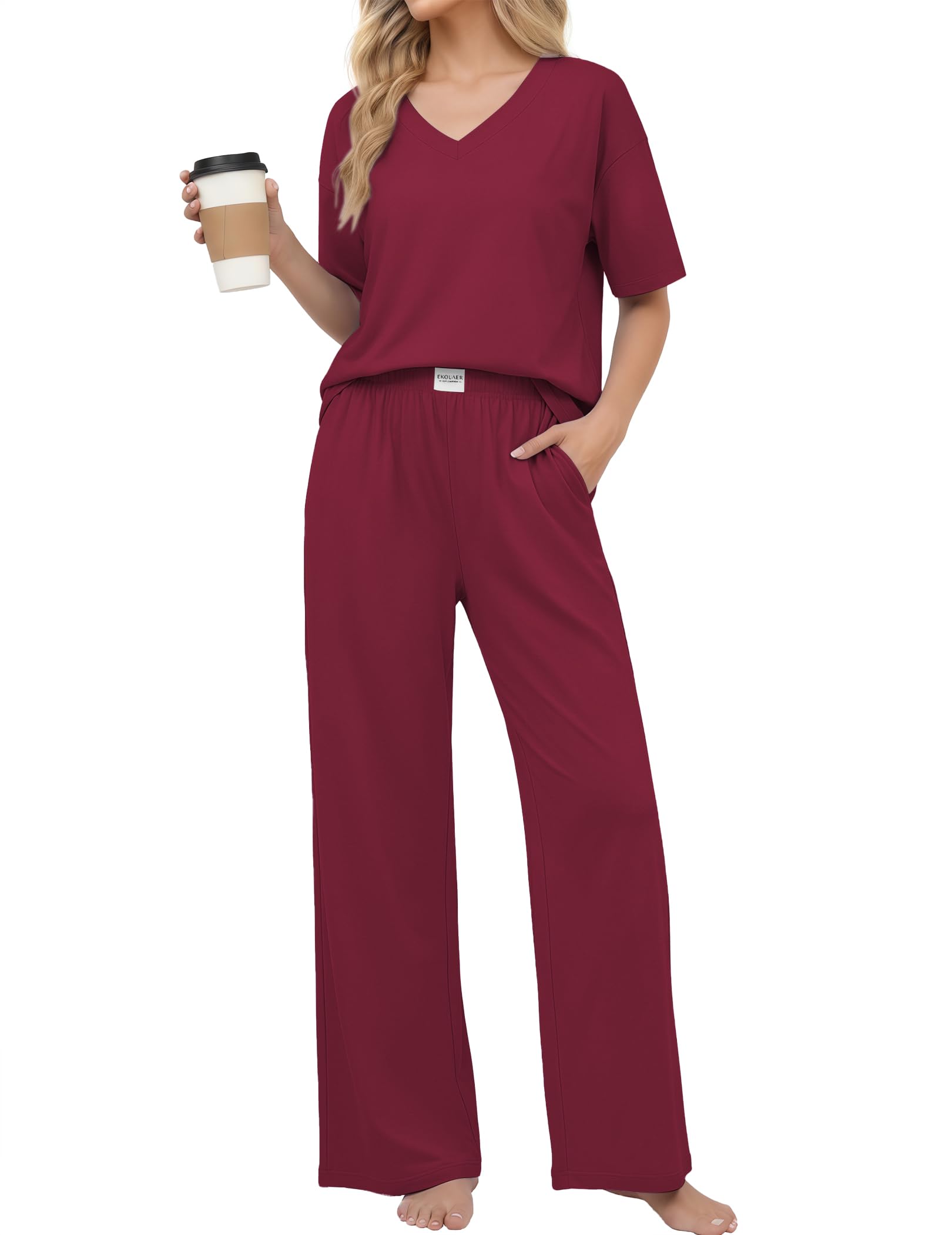 Ekouaer Womens Pajama Sets Cotton Short Sleeve Long Pants Lounge Set