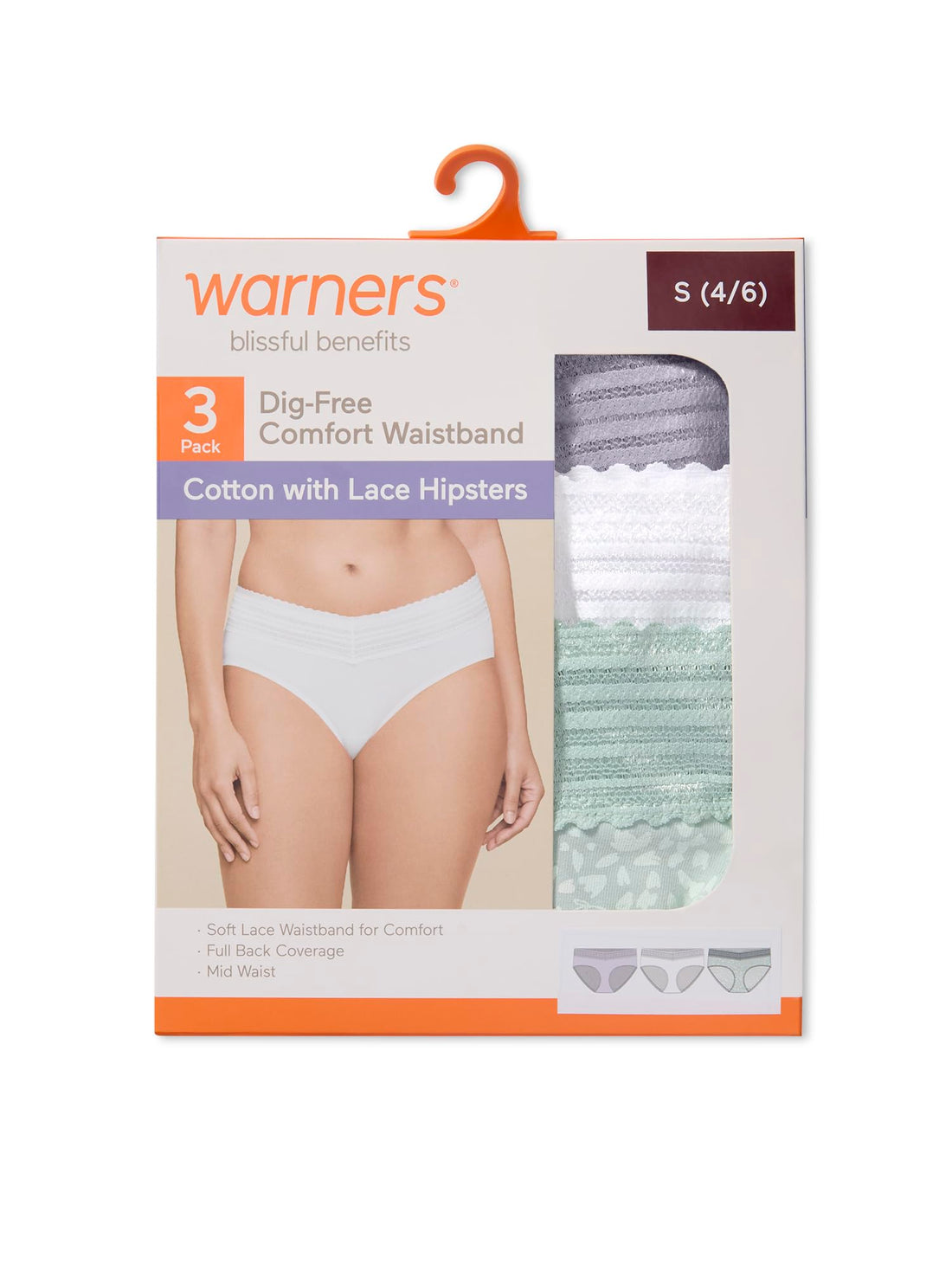 Warner's Women's Blissful Benefits Women's Dig-free Comfort Waist With Lace Cotton Hipster 3-pack