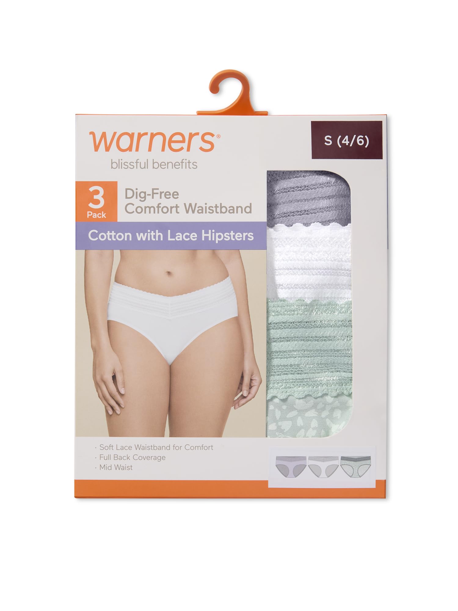 Warner's Women's Blissful Benefits Women's Dig-free Comfort Waist With Lace Cotton Hipster 3-pack