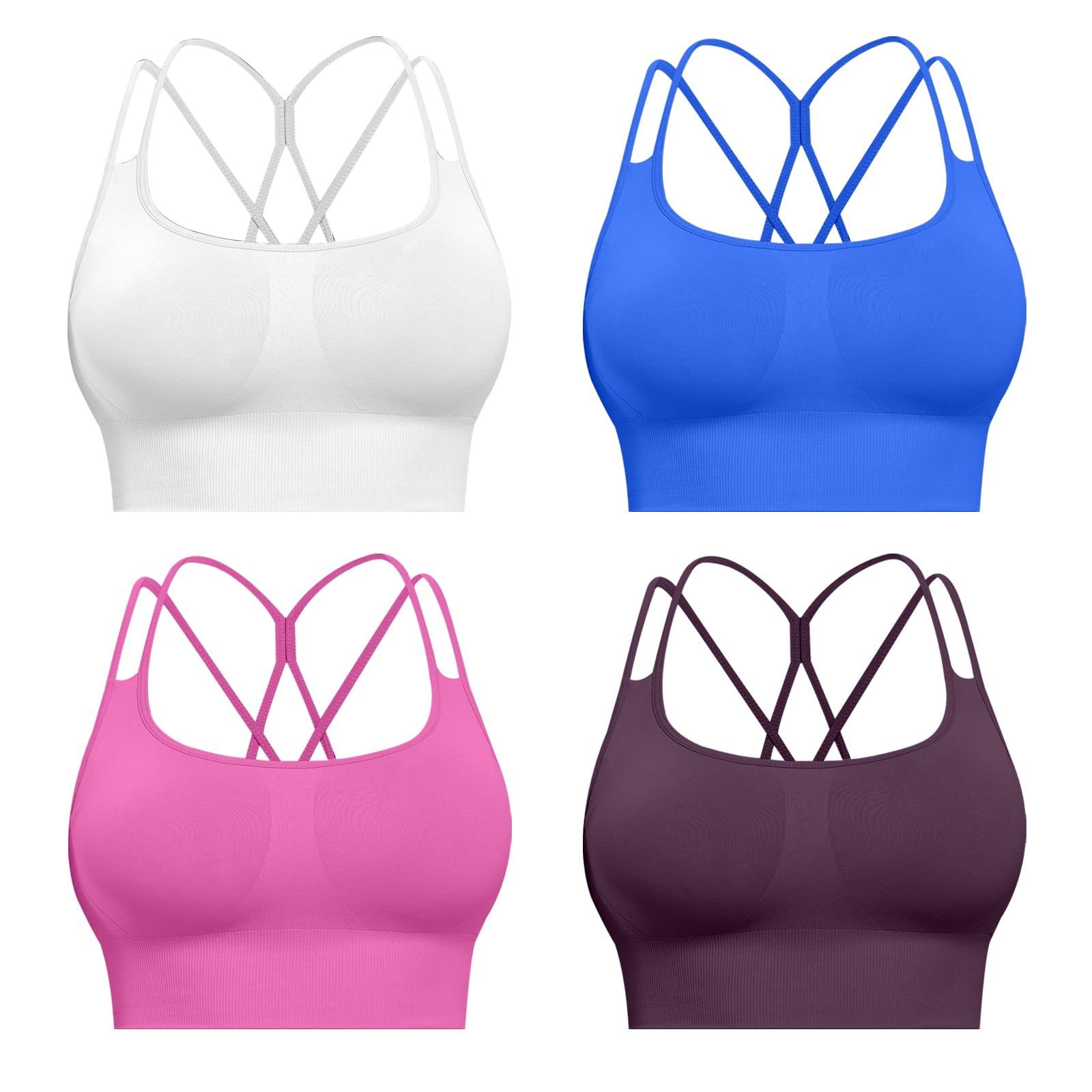CHRLEISURE Sports Bras for Women, 4 Packs Padded High Support Workout Yoga Seamless Criss-Cross Racerback Bras