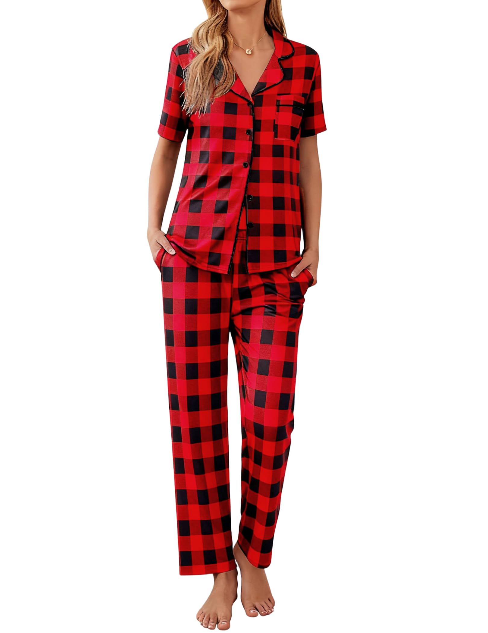 Ekouaer Womens Pajamas Set Short Sleeve Button Down Top & Pants Lounge Pjs