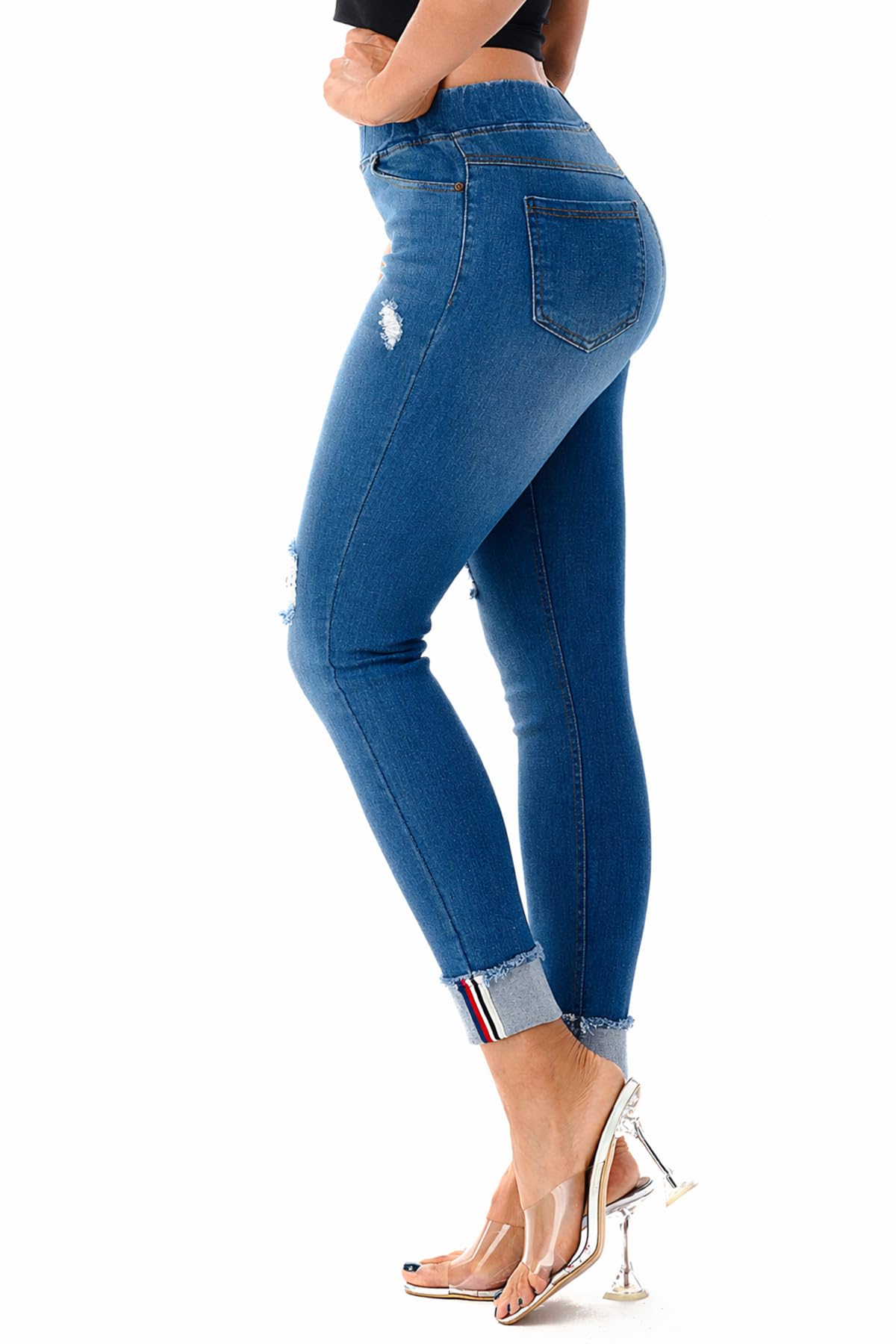 Jvini Women’s Stretch Denim Pull On Jeans with Pockets – Ripped Distressed Elastic Waist Jeggings Skinny Denim Pants