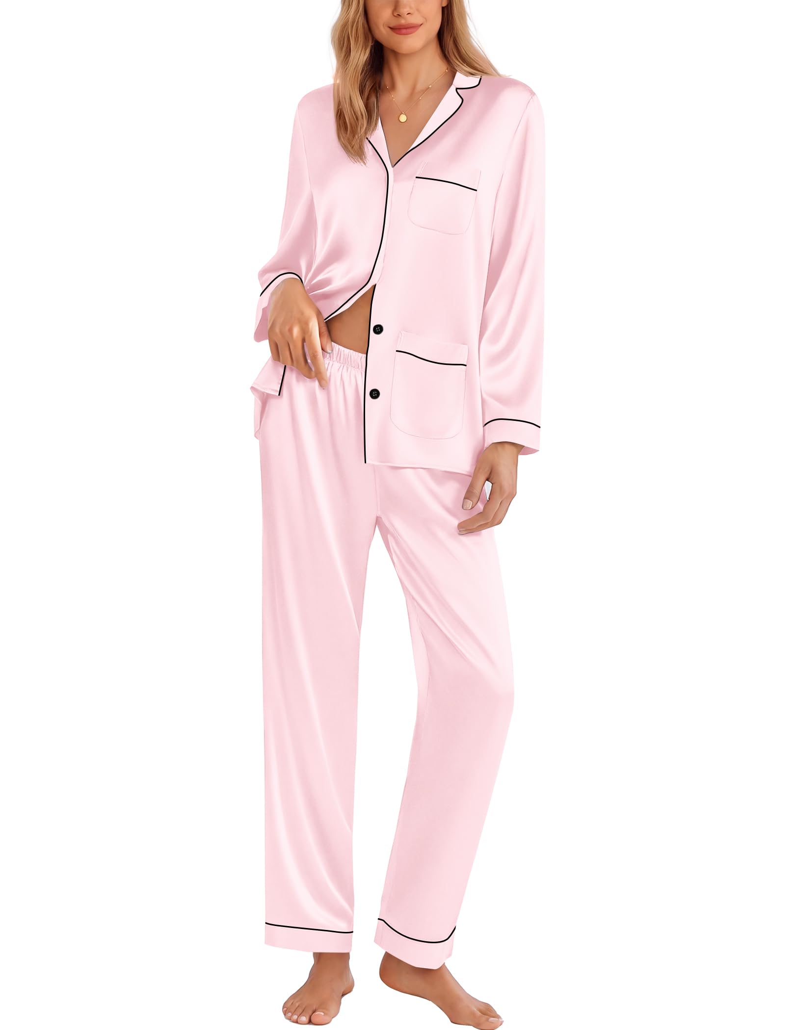Ekouaer Pajamas for Women Silk Satin Button Down Long Sleeve Pajama Sets