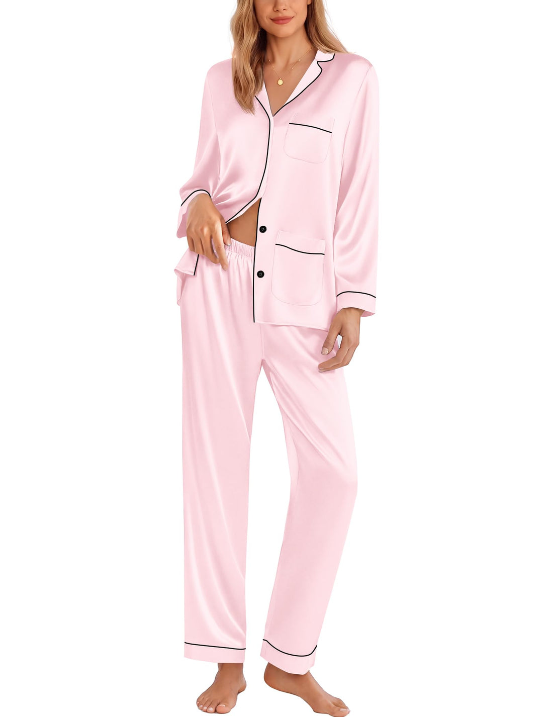 Ekouaer Pajamas for Women Silk Satin Button Down Long Sleeve Pajama Sets