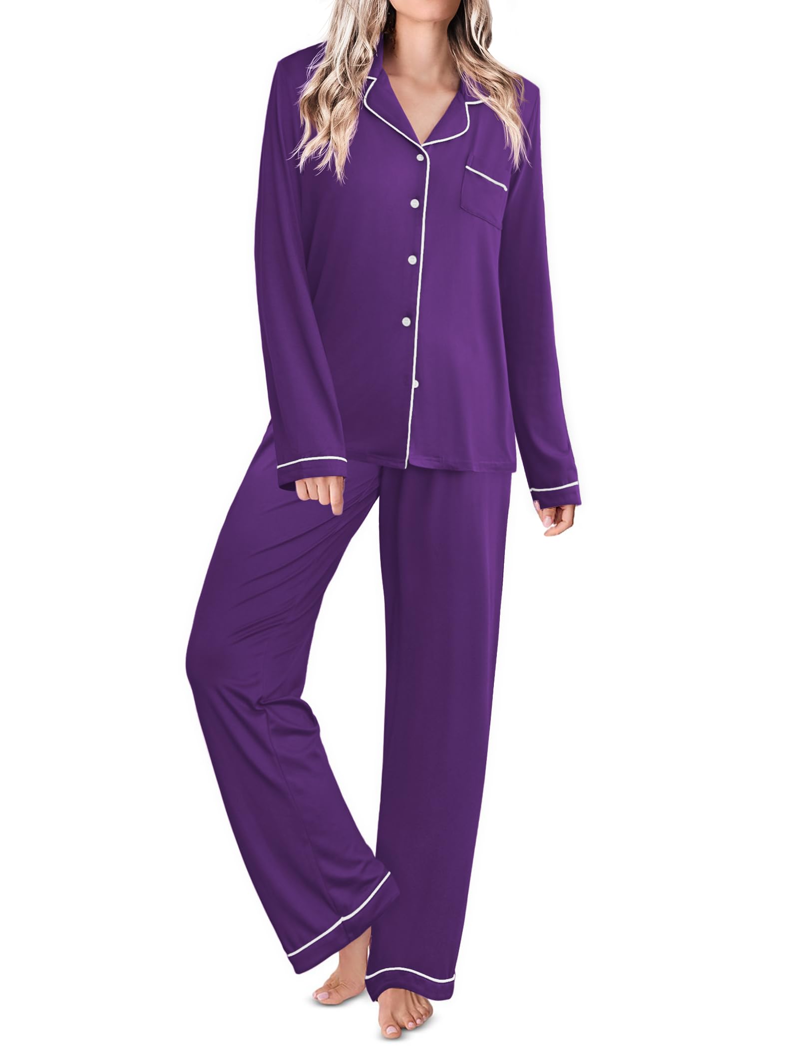 Ekouaer Womens Pajamas Set Classic Sleepwear Long Sleeve Button Up Pjs Sets