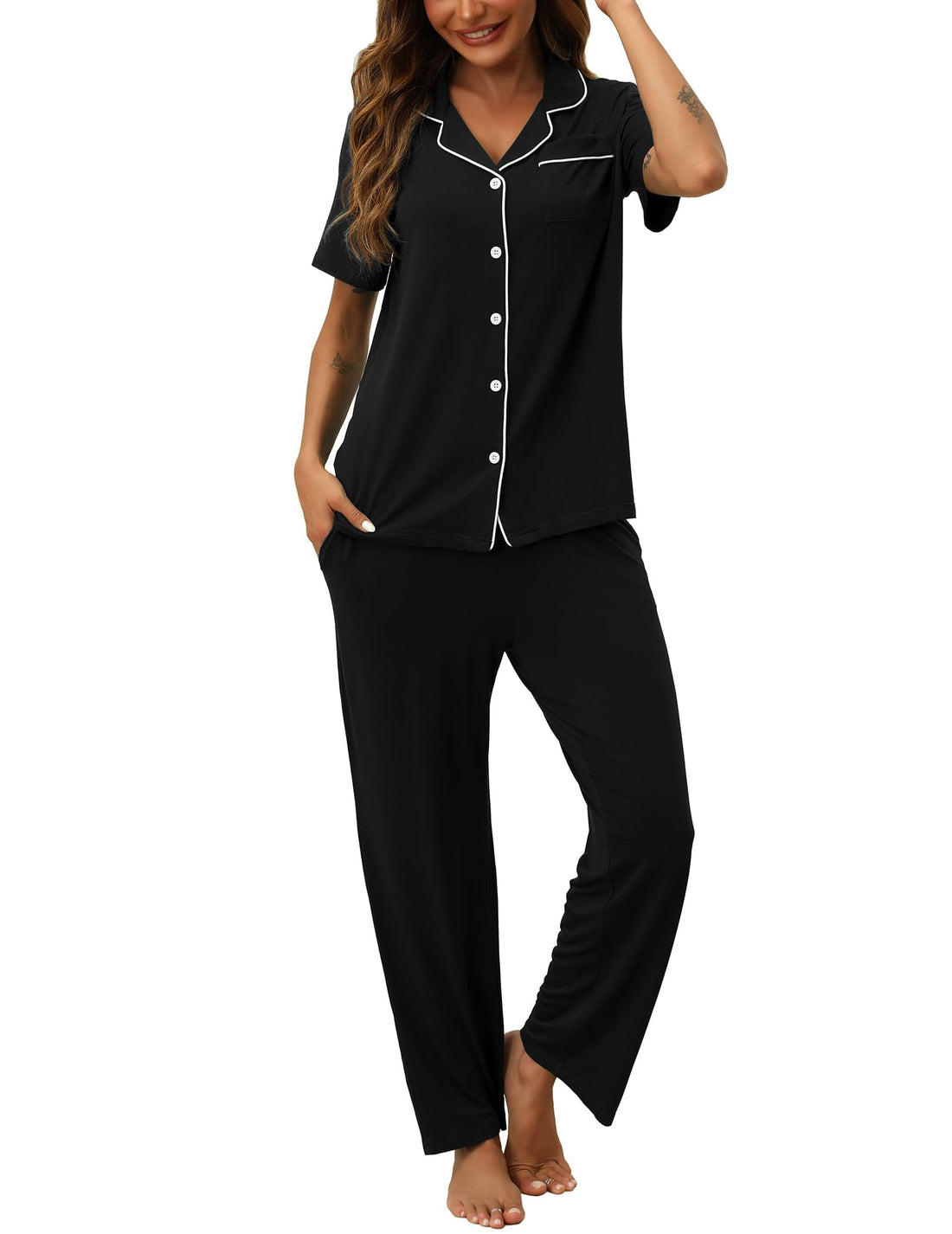 HNG Women Pajamas Set 2 Piece Button Up Pajamas Pant and Short Sleeve Shirt for Woman Pj Sets with Pocket