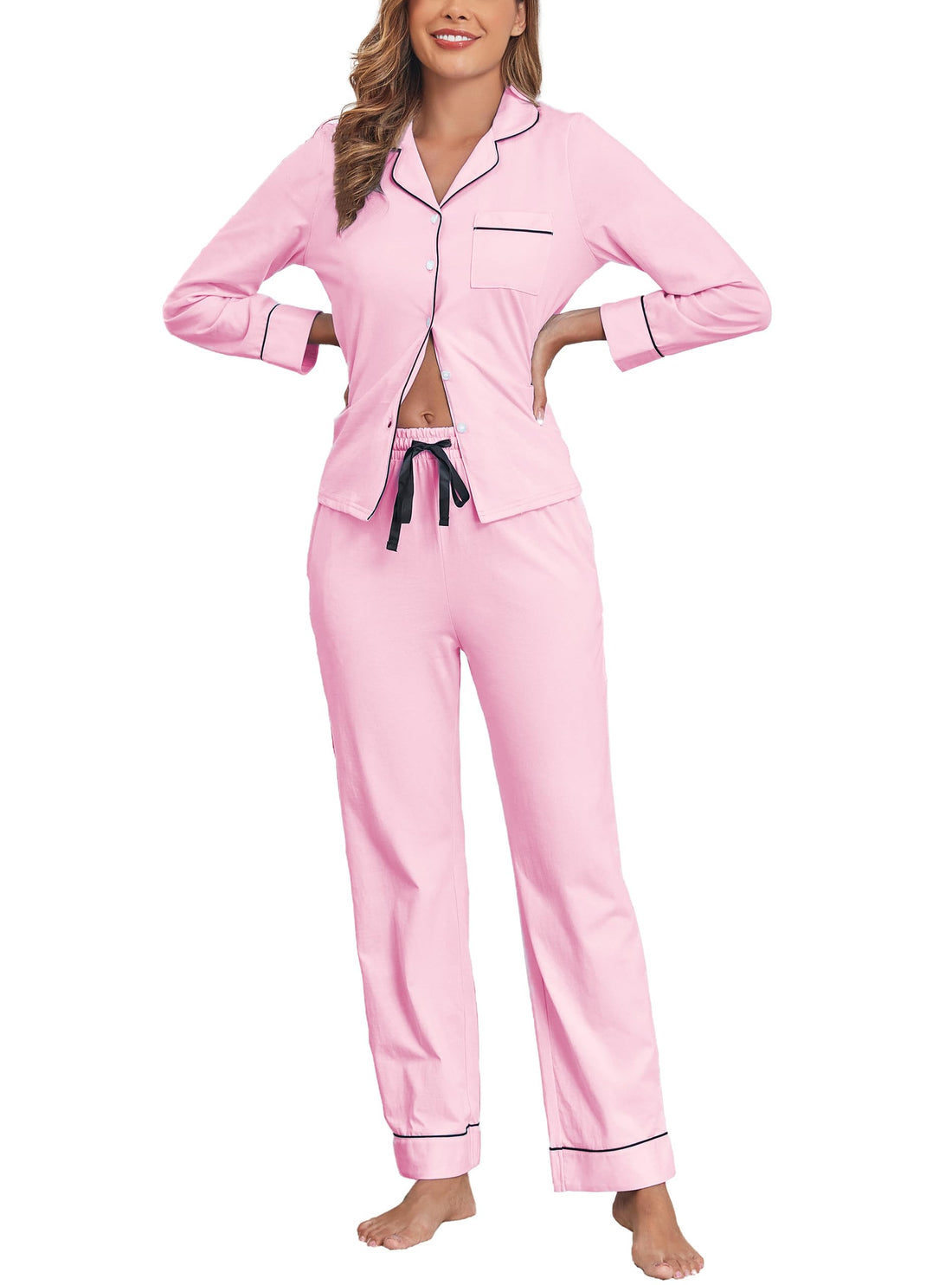 Veseacky 100% Cotton Women's Pajama Set Long Sleeve Button Down Sleepwear Soft Pjs Lounge Sets Nightwear Pjs XS-XXL