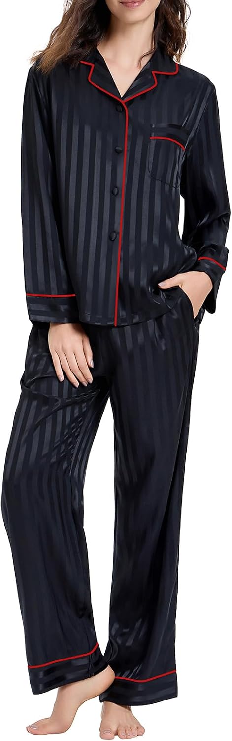 Lonxu Womens Satin Pajama Set Button Down Sleepwear Long Pj XS-3XL