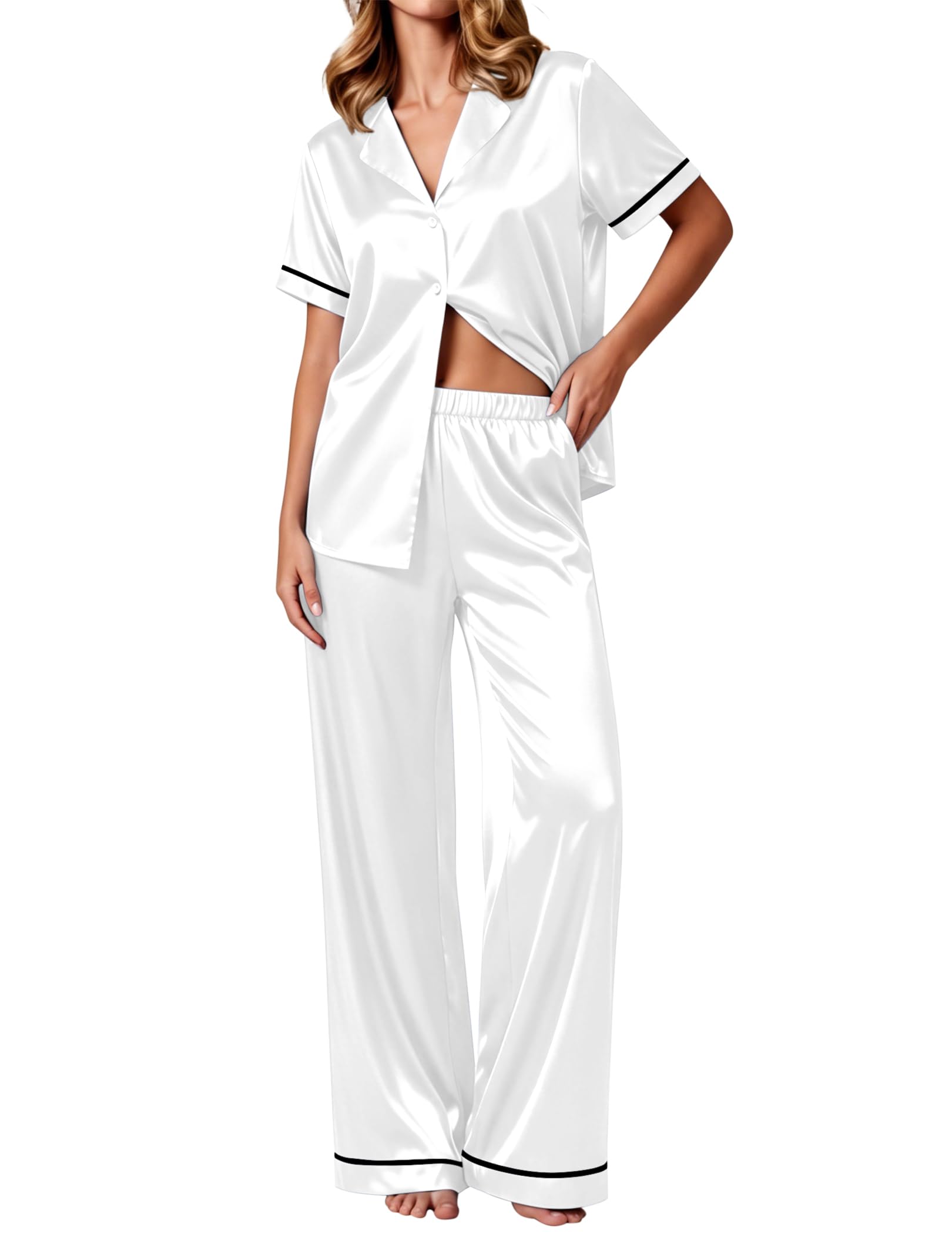 Ekouaer Women's Silk Pajamas Set Short Sleeve Pjs Button Down Lounge Set