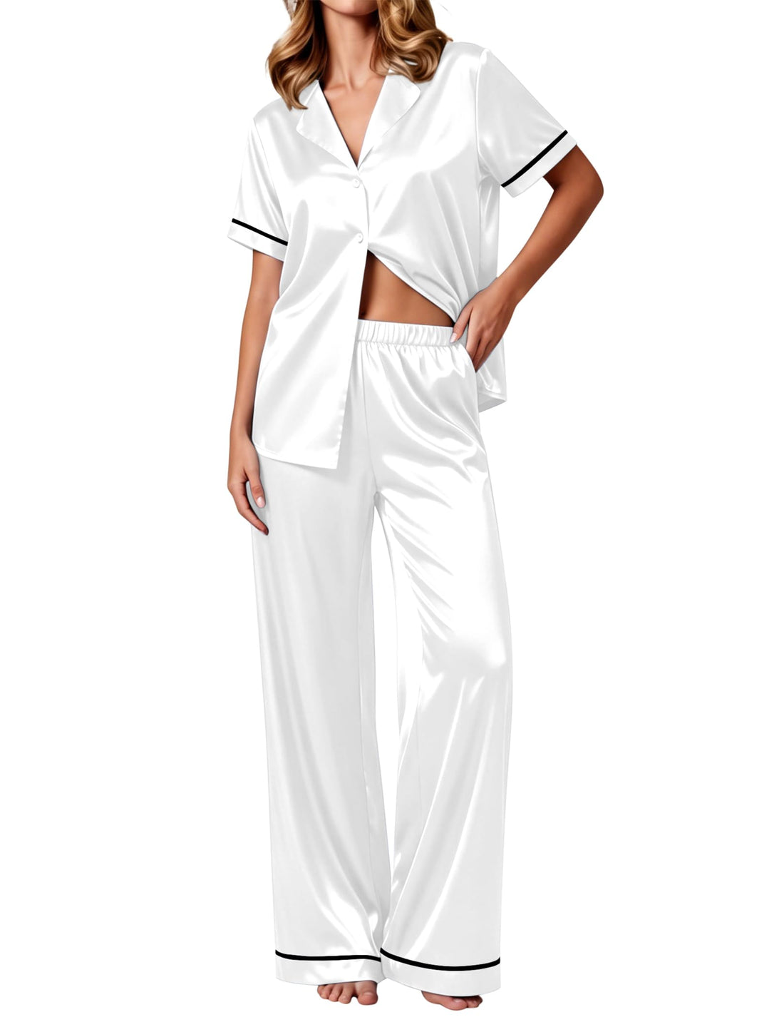Ekouaer Women's Silk Pajamas Set Short Sleeve Pjs Button Down Lounge Set