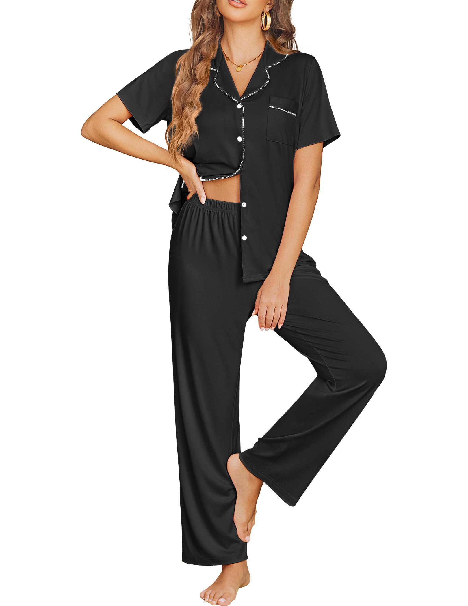 Ekouaer Womens Pajama Sets Button Down Lounge Sets 2 Piece Short Sleeve Pjs
