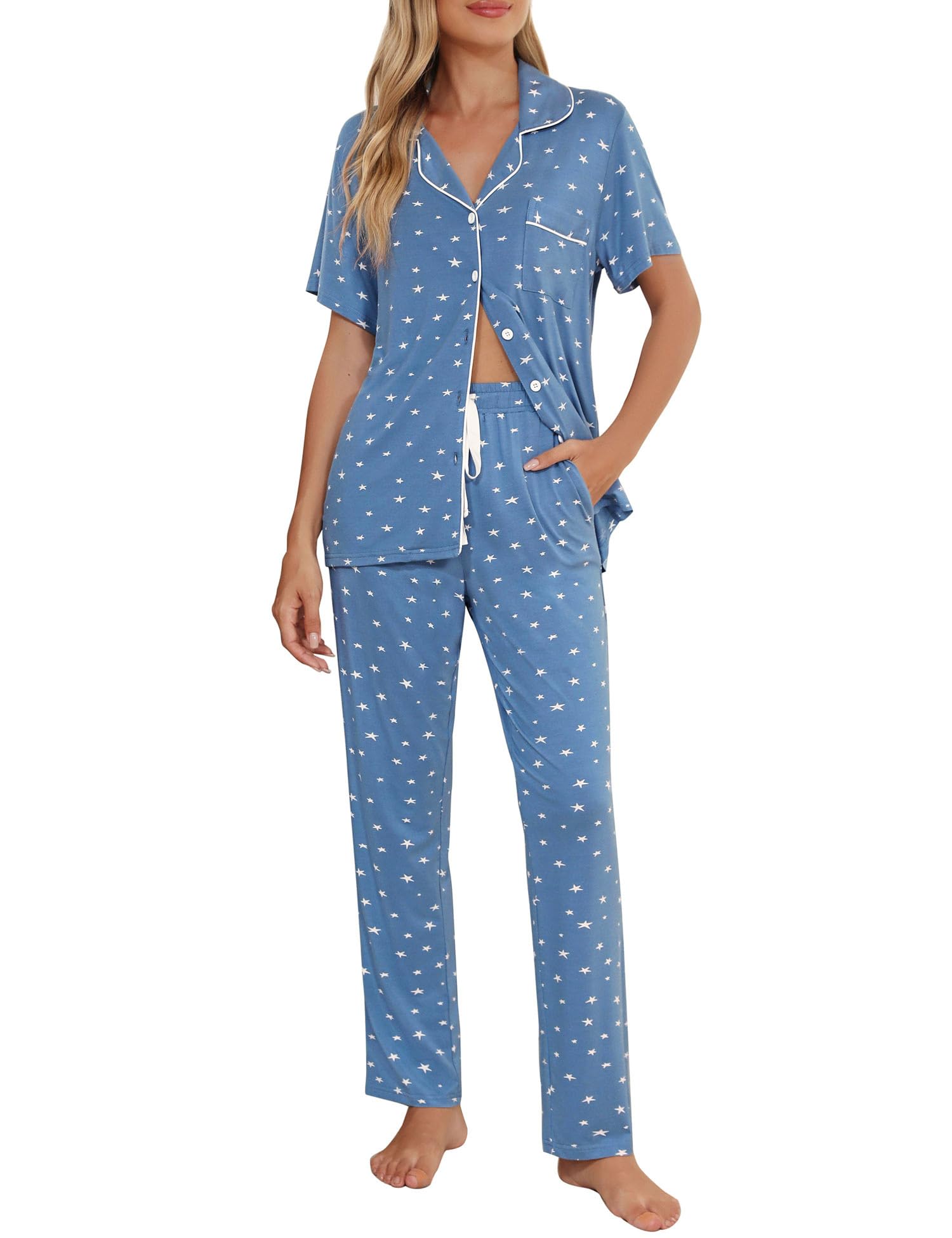 Senert Womens 2 Piece Pajamas Set Button Down Top and Pants Soft Sleepwear