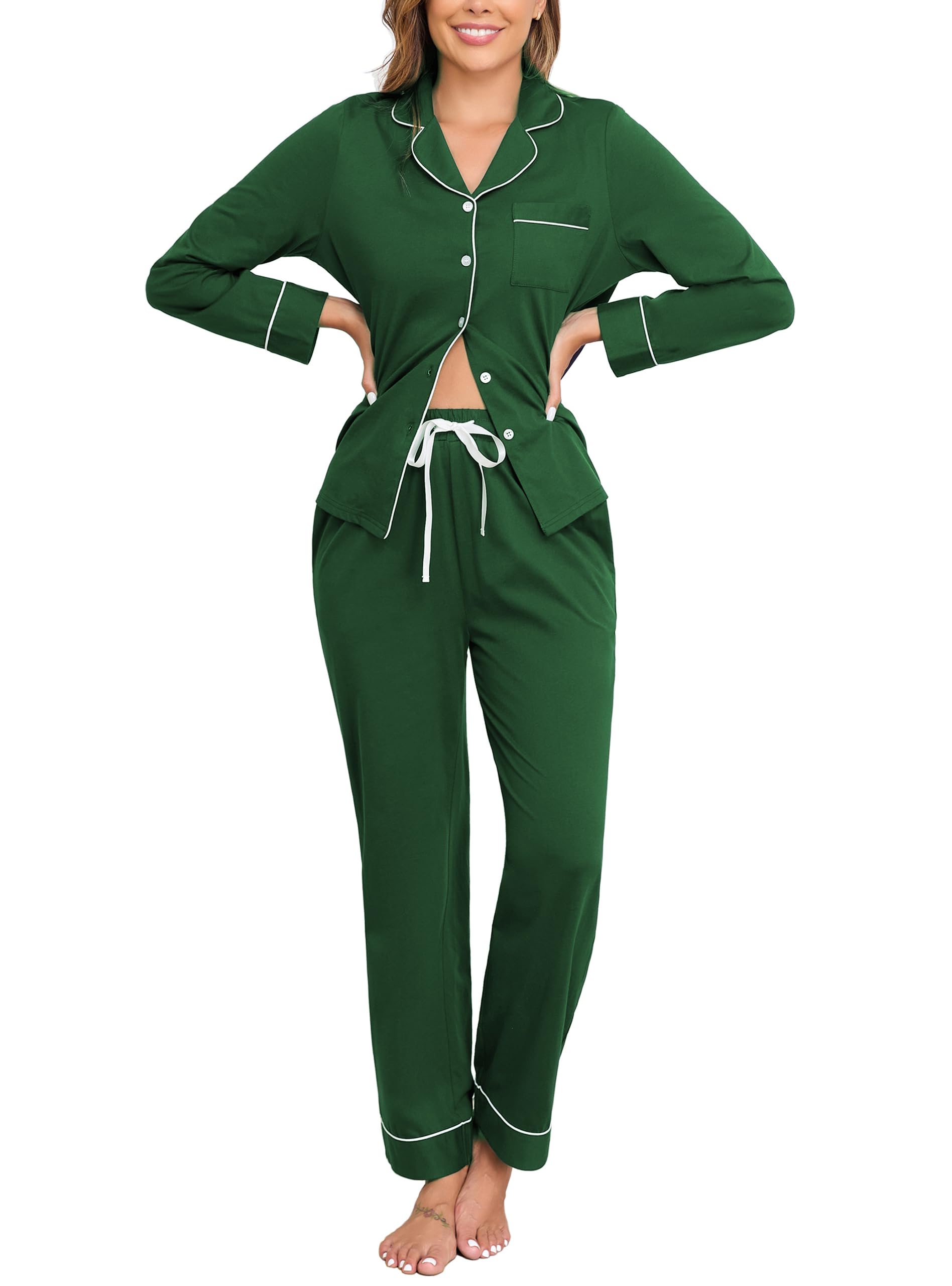 Veseacky 100% Cotton Women's Pajama Set Long Sleeve Button Down Sleepwear Soft Pjs Lounge Sets Nightwear Pjs XS-XXL