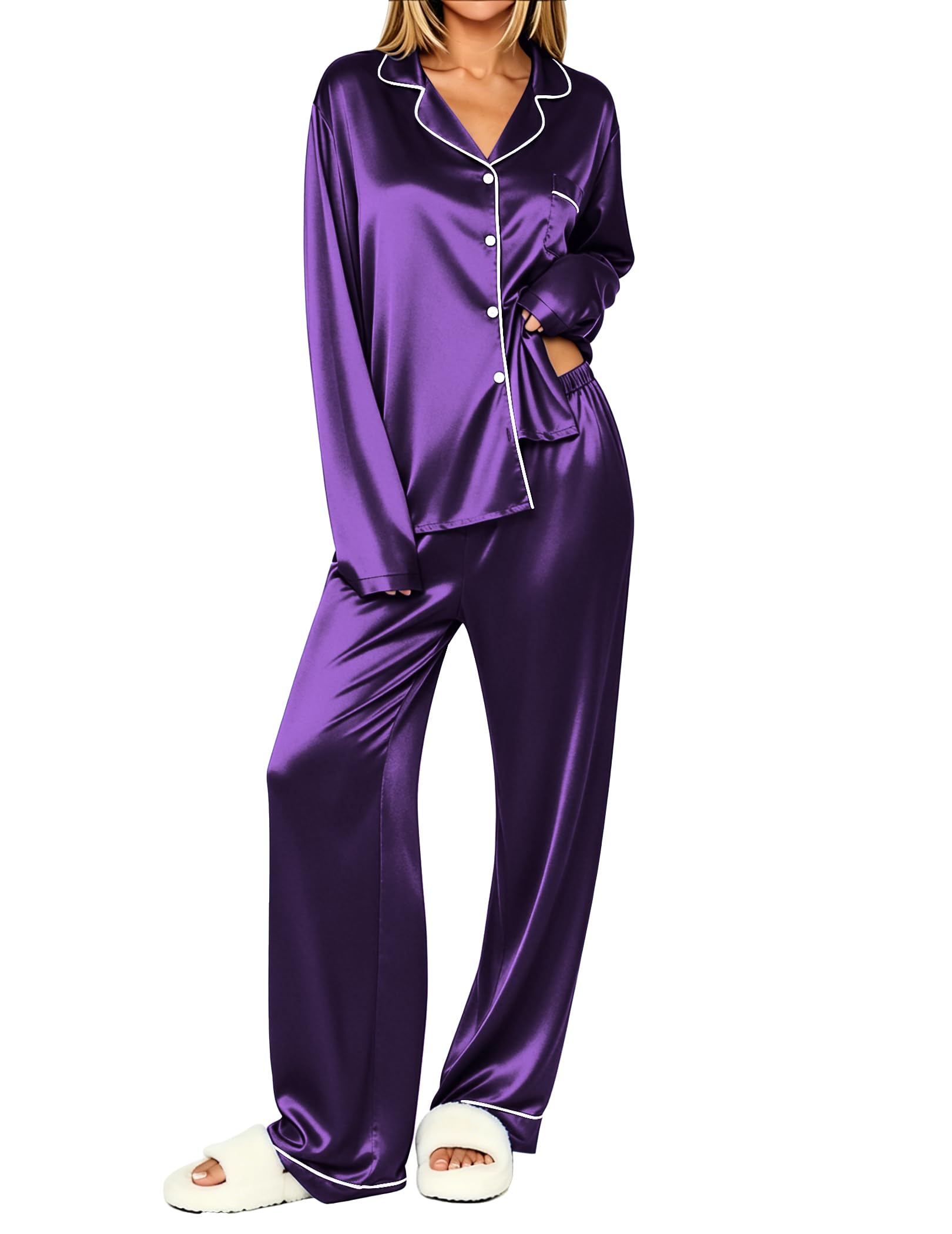 Ekouaer Womens Pajamas Silk Satin Long Sleeve Button Down Pjs Lounge Set