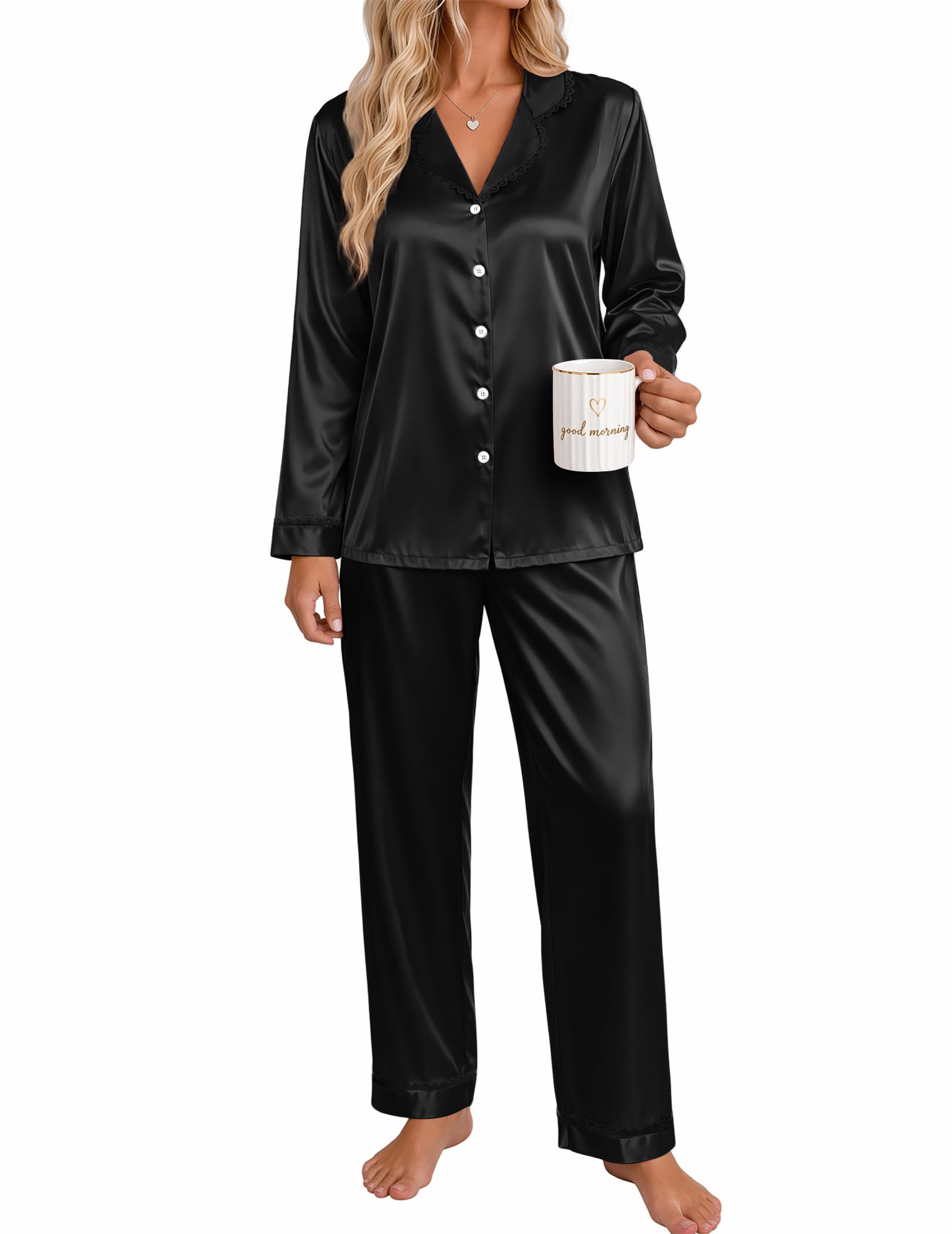 Ekouaer Satin Pajamas for Women Set 2 Piece Silk Pjs Long Sleeve Lounge Set