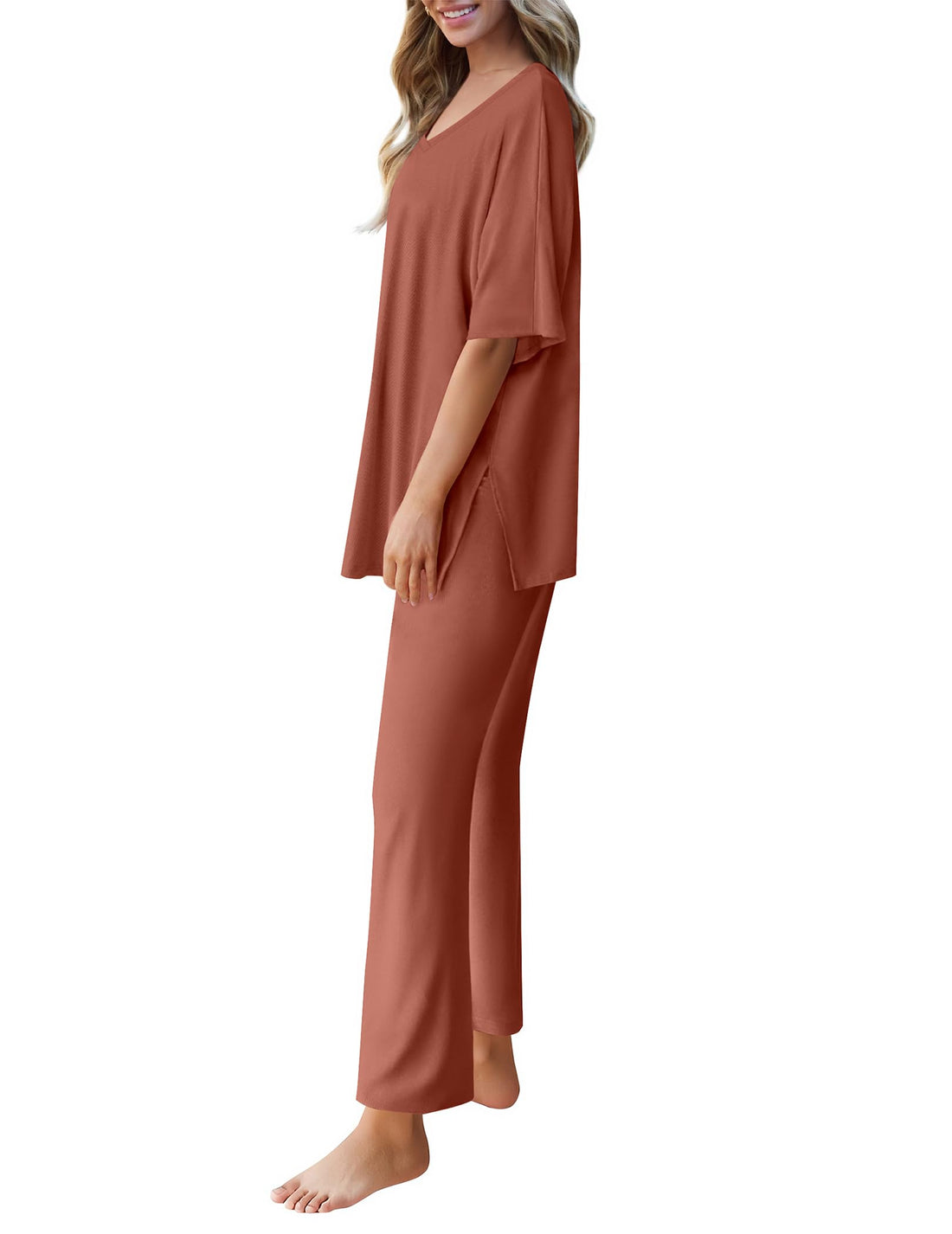 Ekouaer Lounge Sets for Women Short Sleeve Tops and Long Pants Pajamas Set