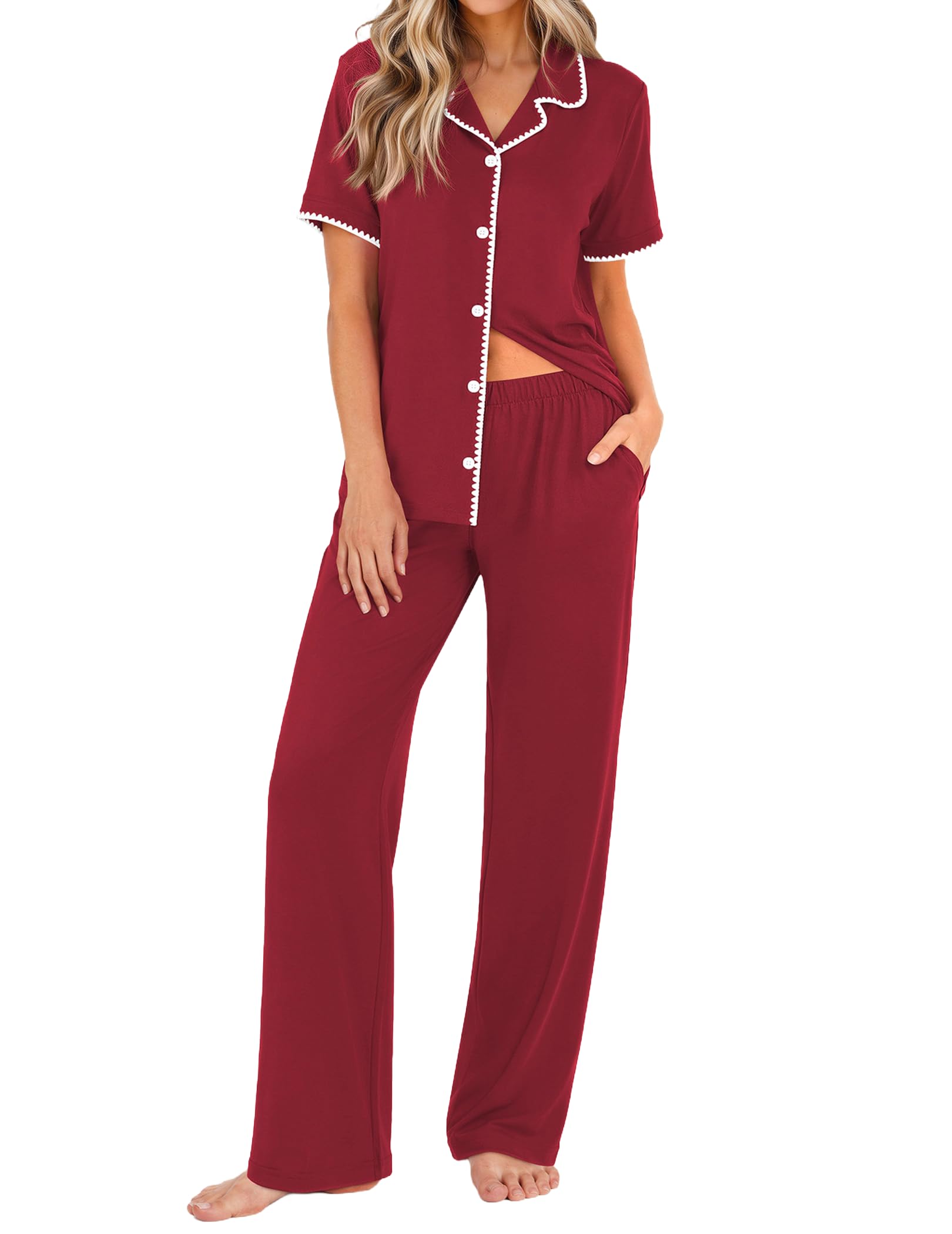 Ekouaer Womens Pajamas Set Button Down Loungewear Short Sleeve Pants Pjs