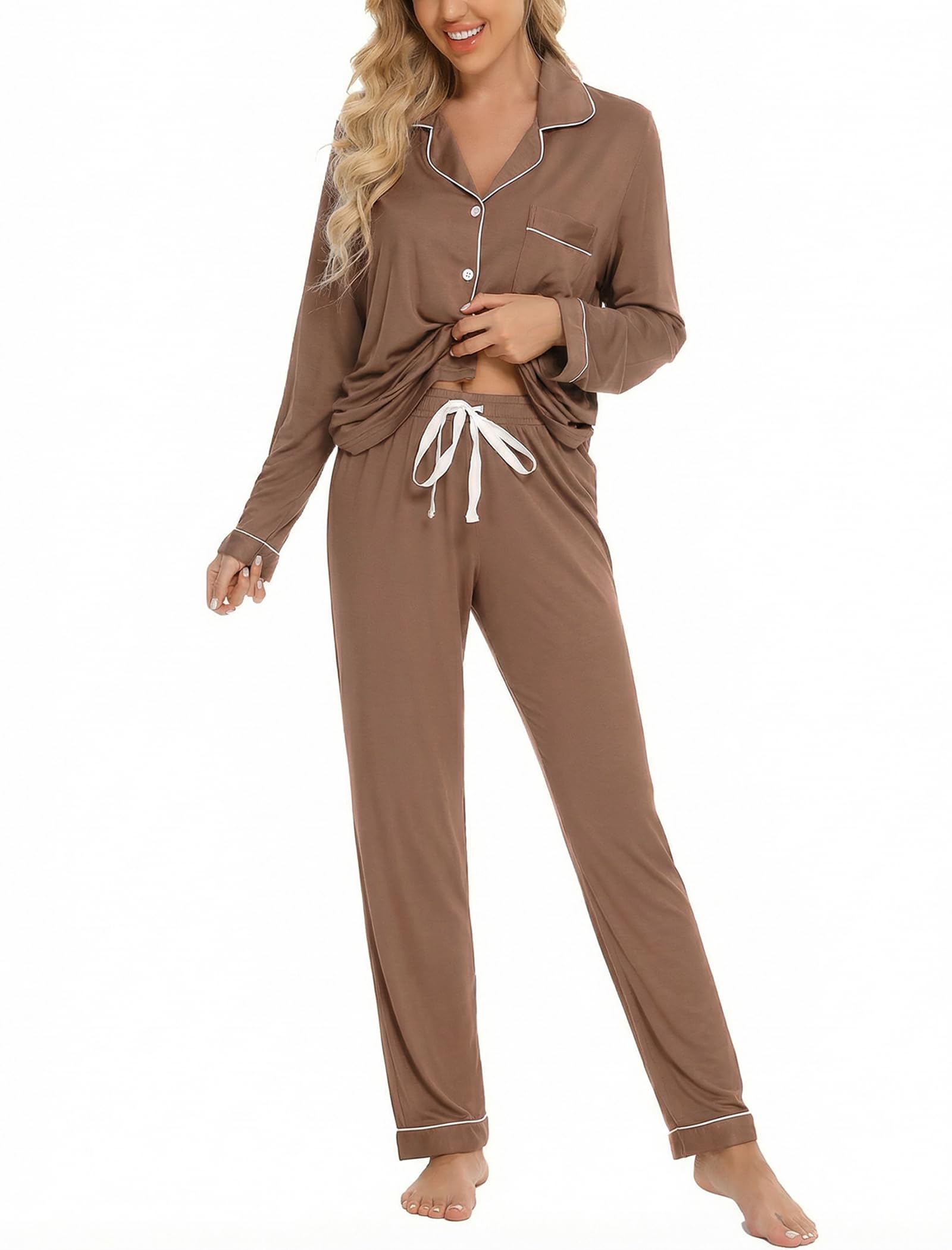Leikar Button Up Pajamas For Women Long Sleeve Viscose Soft Pjs Lounge