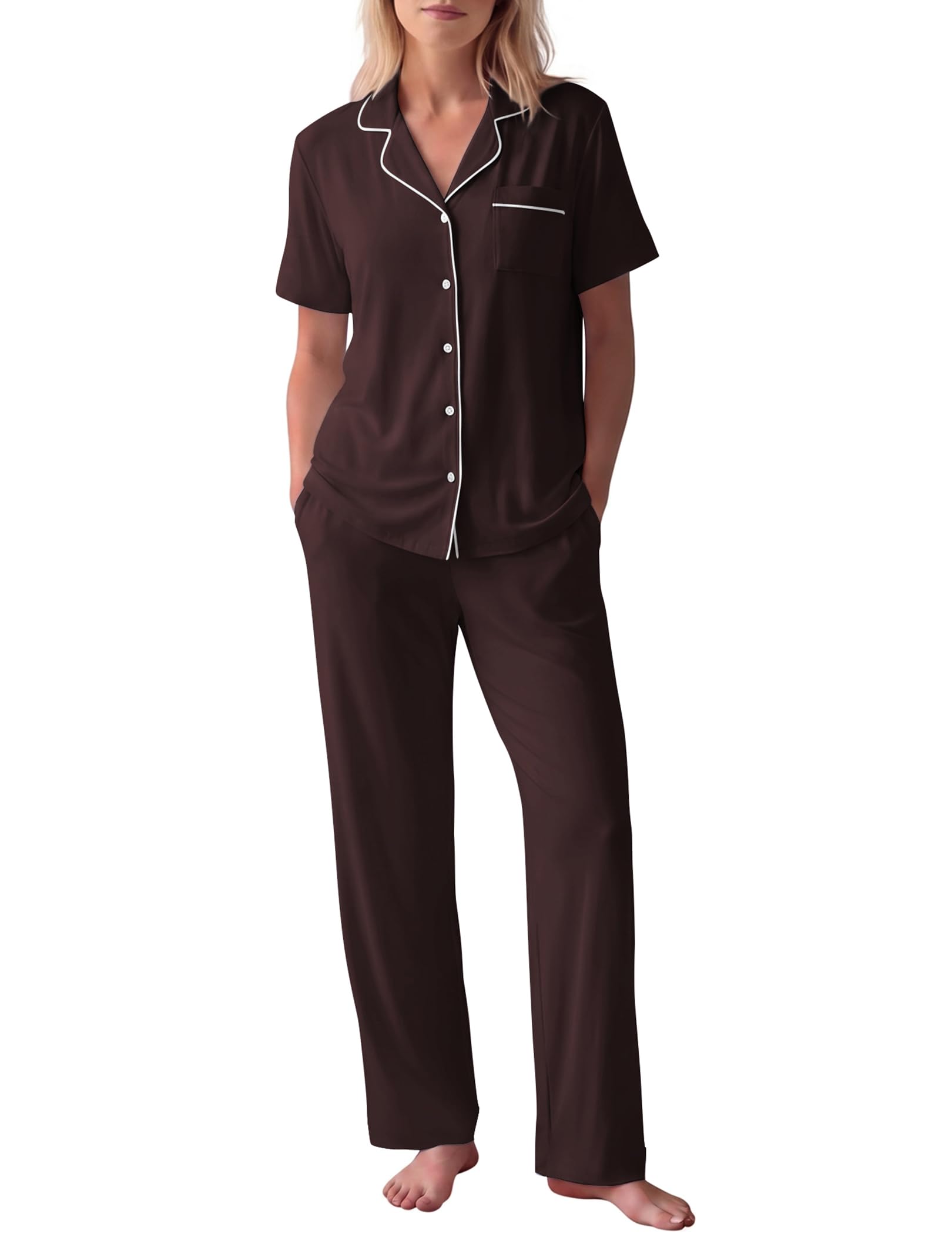 HNG Women Pajamas Set 2 Piece Button Up Pajamas Pant and Short Sleeve Shirt for Woman Pj Sets with Pocket