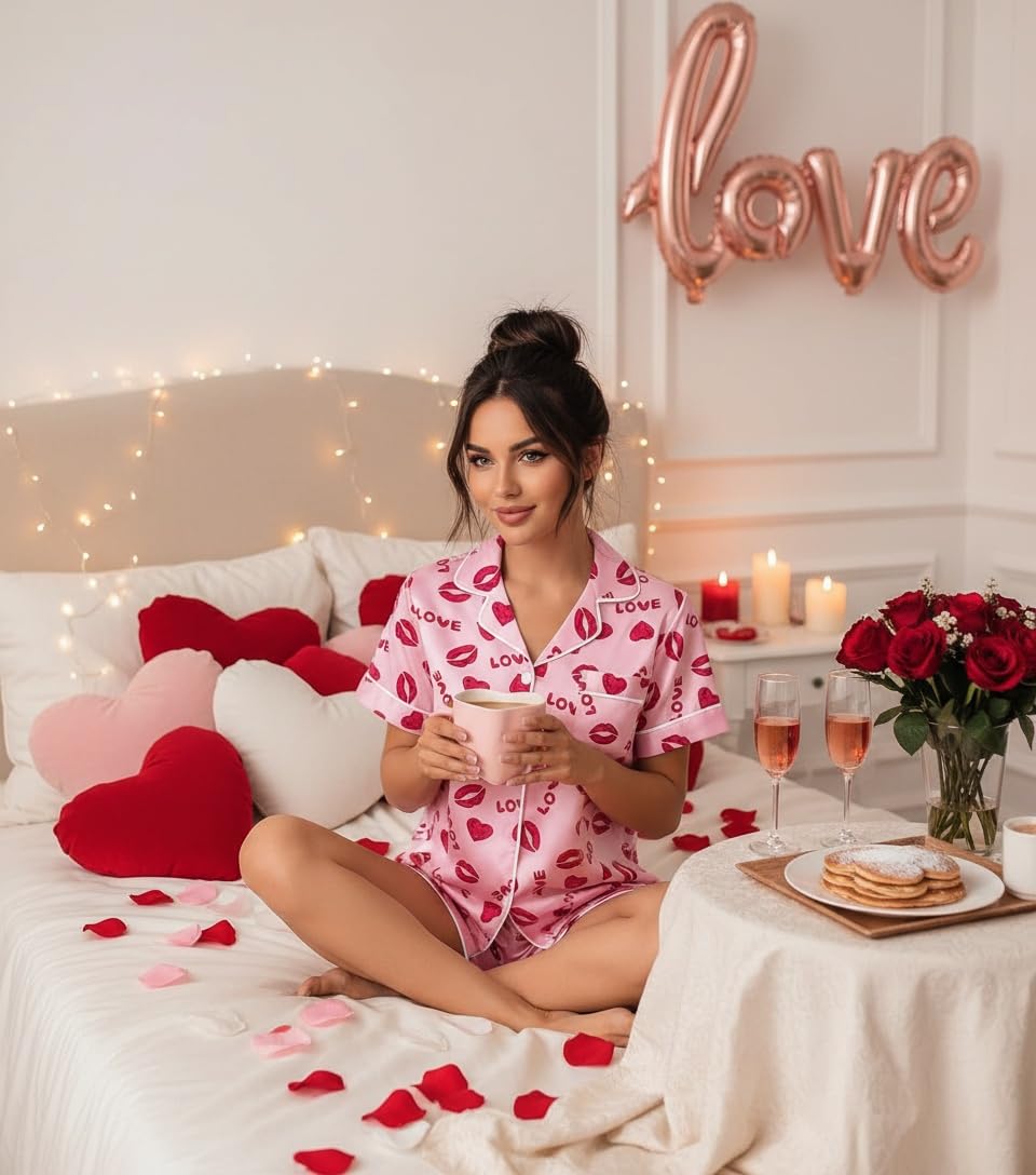 Ekouaer Womens Silk Satin Pajama Set Print Short Sleeve Sleepwear Button Down Pjs Shorts Set Loungewear