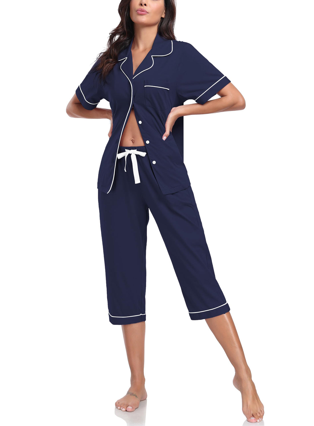 COLORFULLEAF 100% Cotton Women's Pajama Sets Short Sleeve Capri Pajamas for Women Set Button Down Pjs Soft Sleepwear Summer