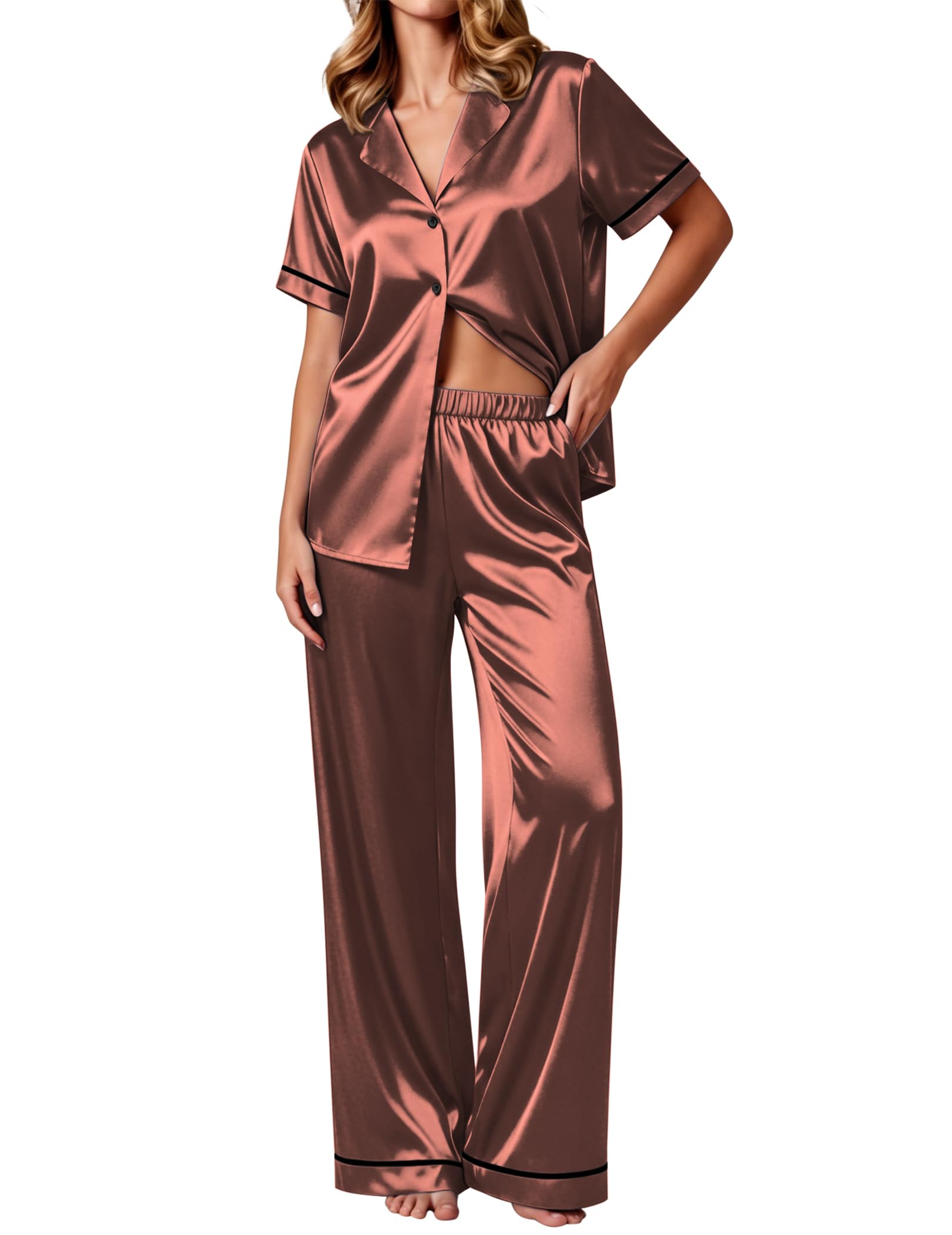 Ekouaer Women's Silk Pajamas Set Short Sleeve Pjs Button Down Lounge Set