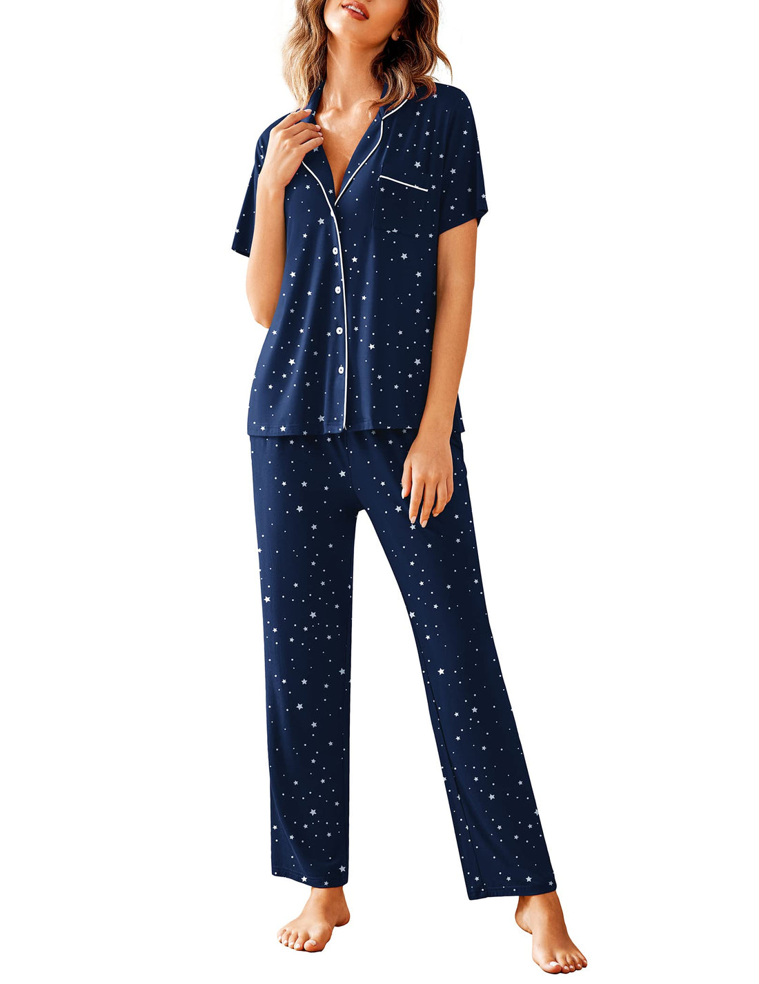 Avidlove Women Pajamas Set Notch Collar Soft Sleepwear Pjs Short Sleeve Button Down Nightwear with Long Pants
