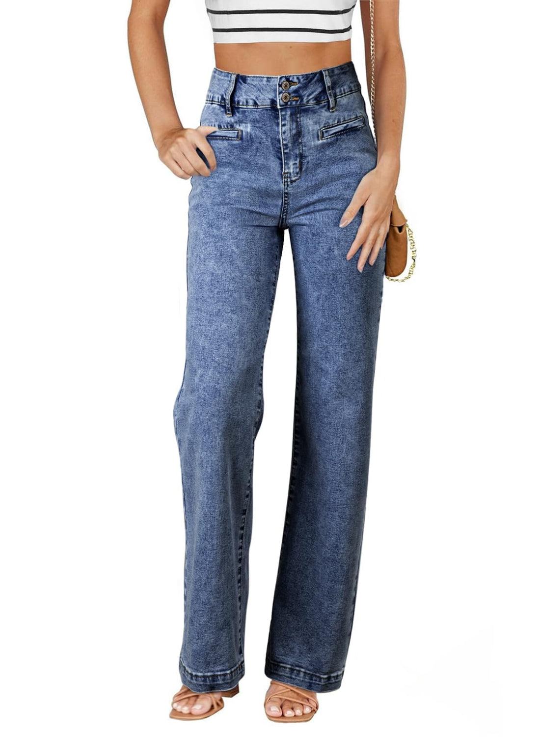 Sidefeel Women's Jeans High Waisted Straight Leg Stretchy Jeans Trendy Loose Wide Leg Zimbaplatinum Denim Pants with Pockets