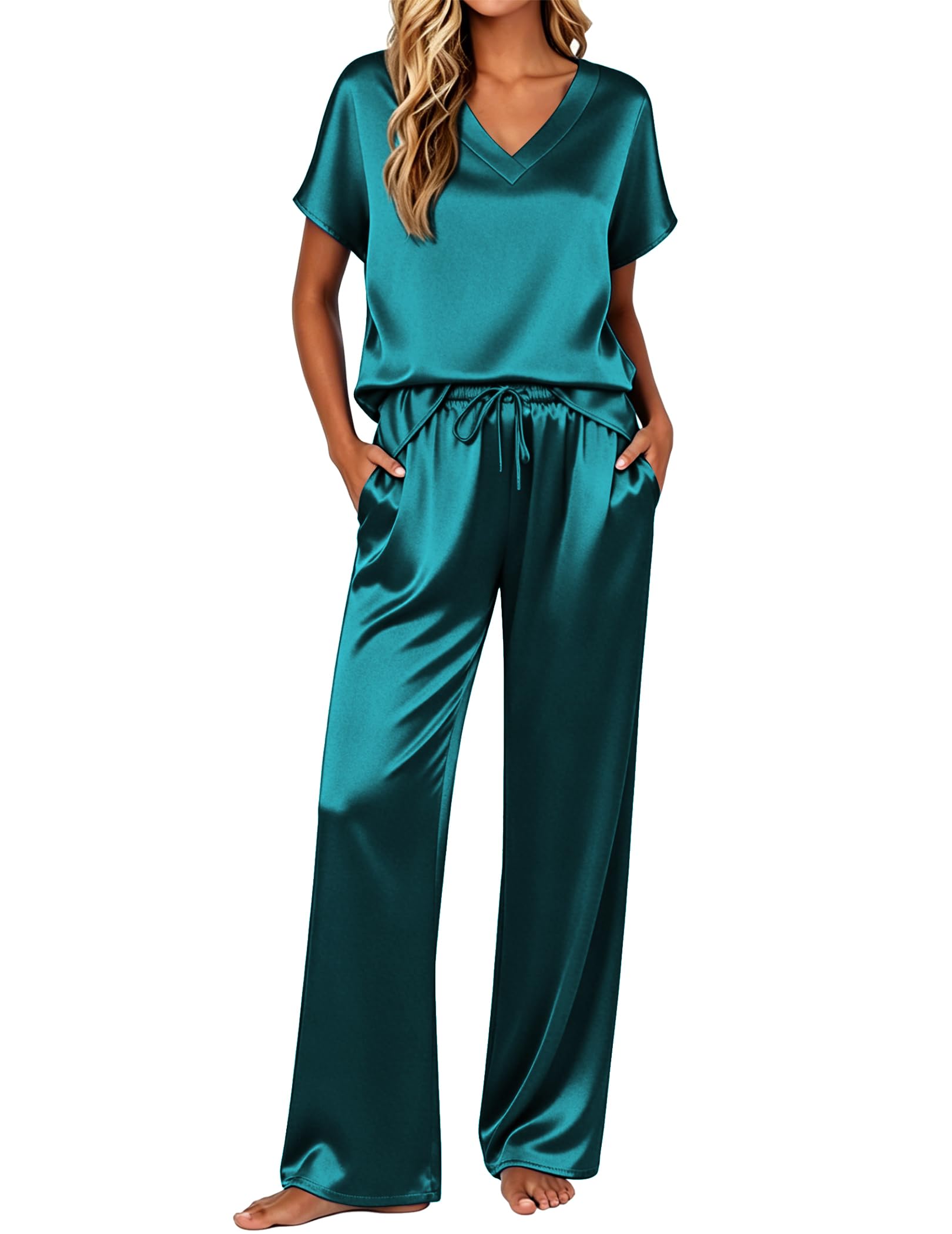 Ekouaer Womens Silk Pajamas Set 2 Piece Satin Pjs Cap Sleeve Loungewear