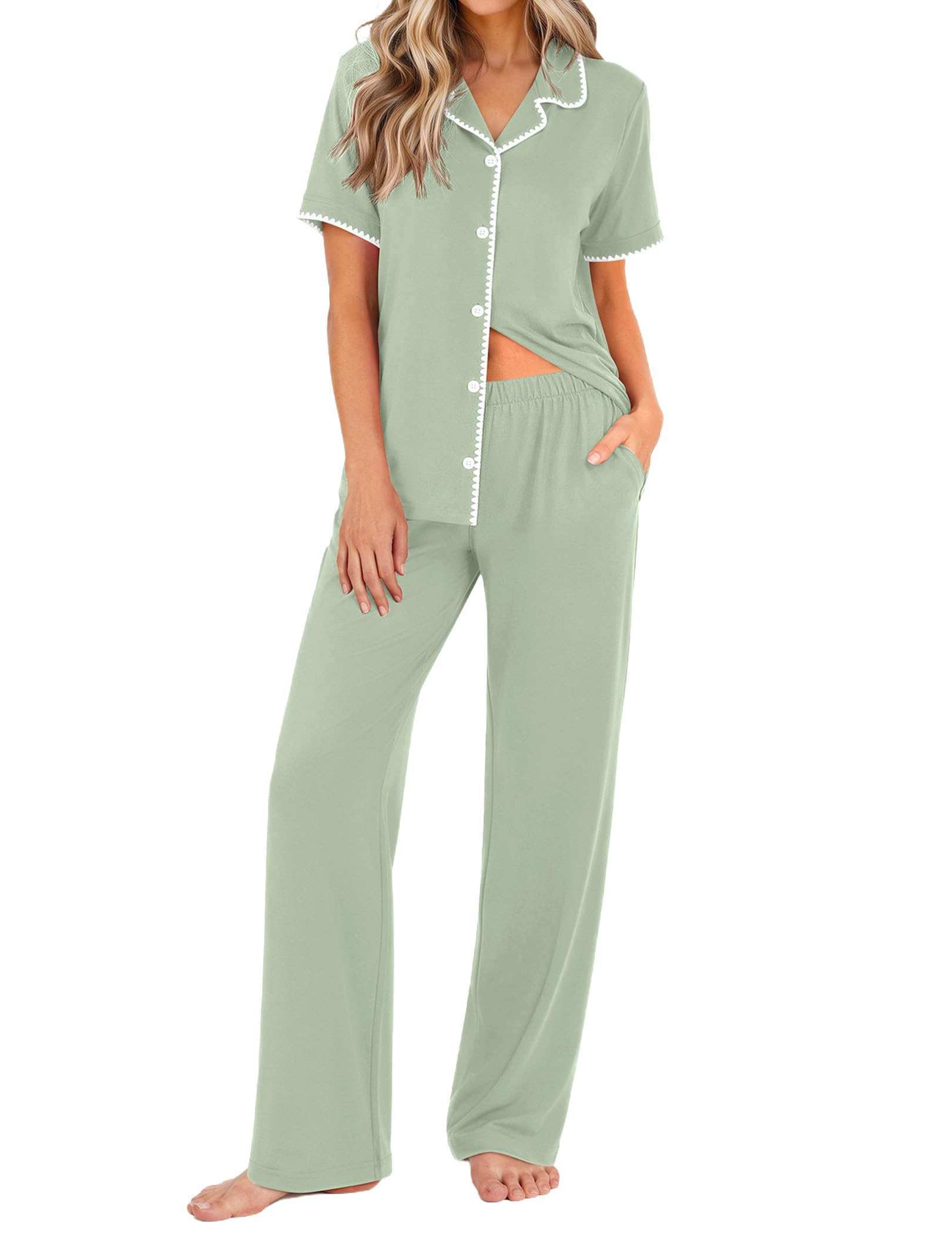 Ekouaer Womens Pajamas Set Button Down Loungewear Short Sleeve Pants Pjs