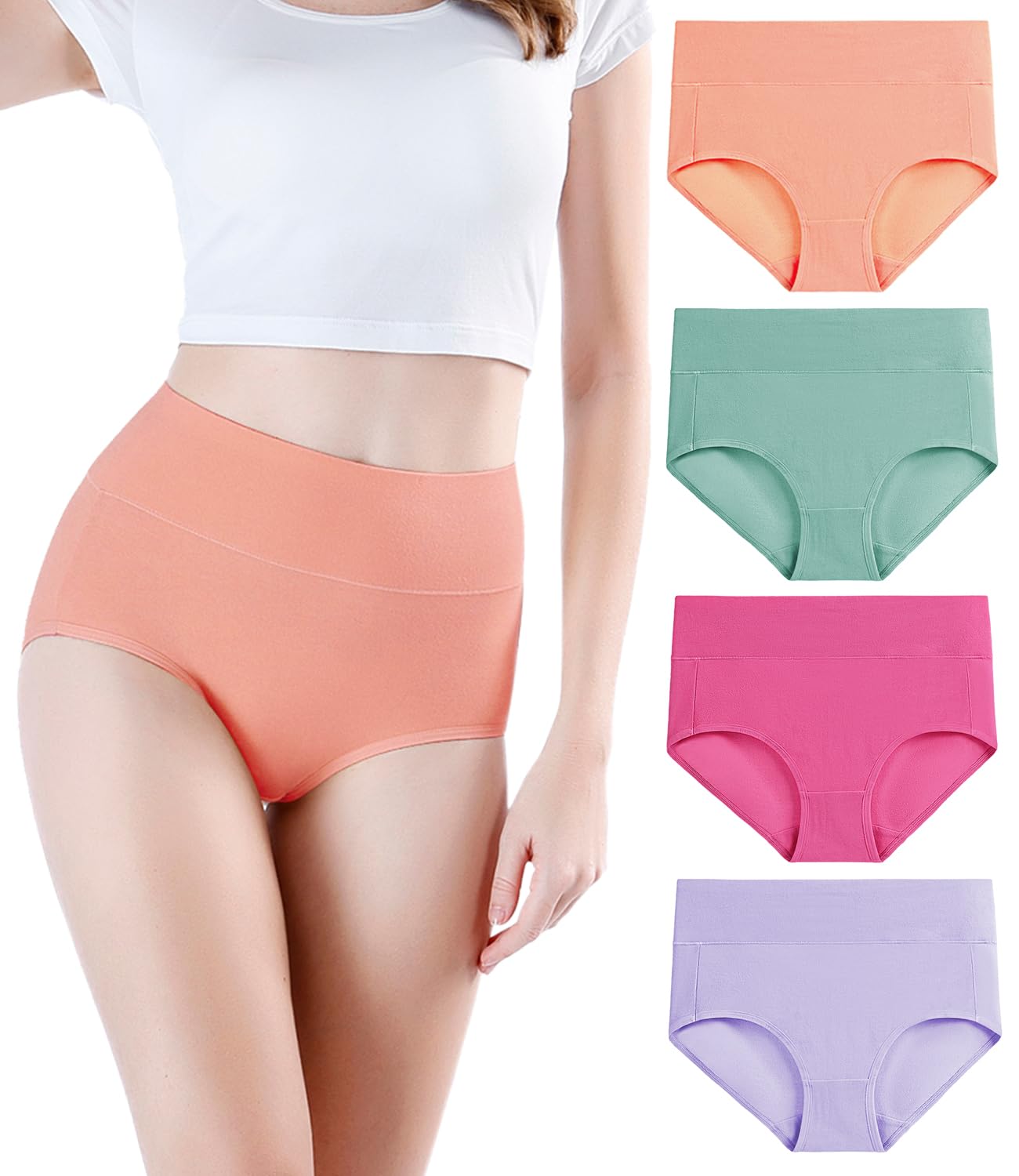 wirarpa Women's Cotton Underwear High Waisted Ladies Panties Full Coverage Briefs 4 Pack (Regular & Plus Size)