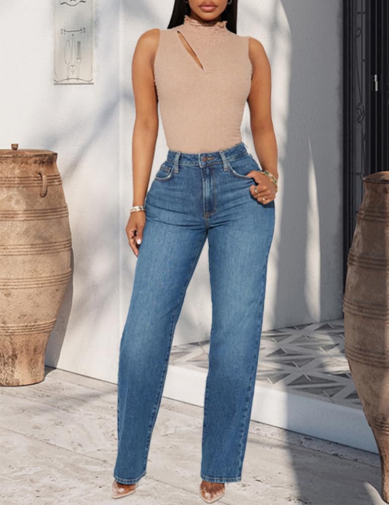 BessCops Straight Leg Jeans for Women High Waisted Wide Leg Stretchy Loose Denim Pants