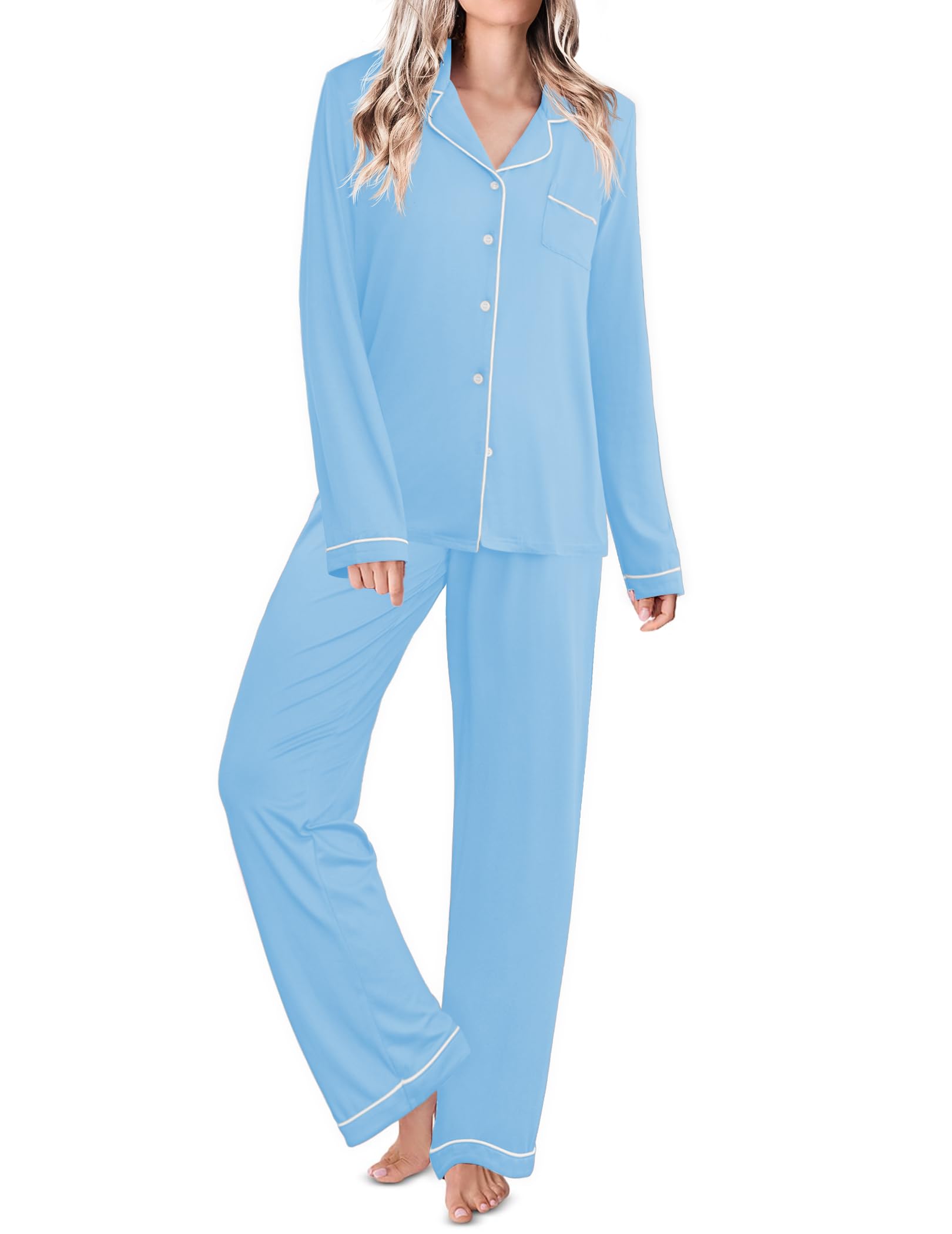 Ekouaer Womens Pajamas Set Classic Sleepwear Long Sleeve Button Up Pjs Sets