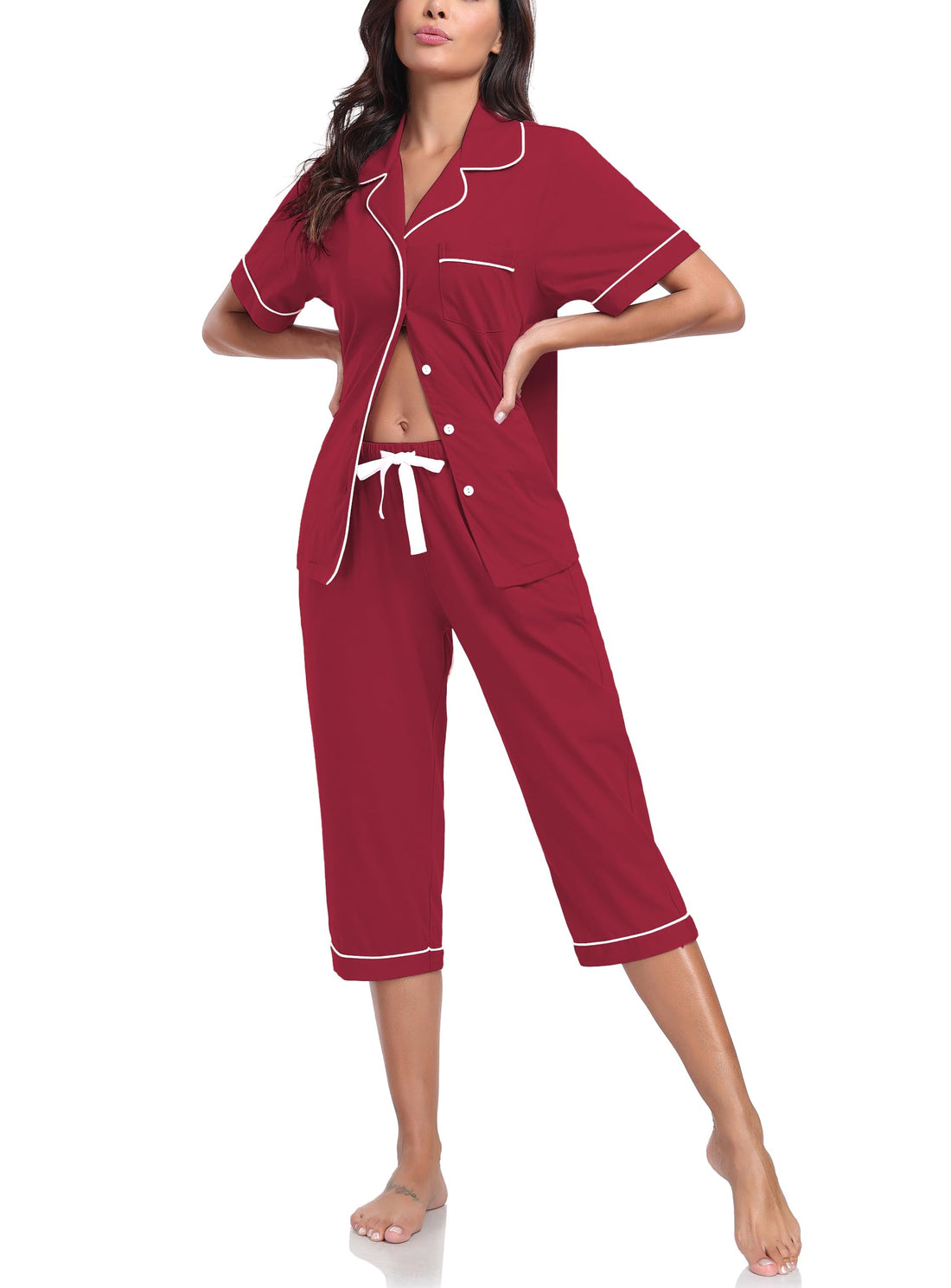 COLORFULLEAF 100% Cotton Women's Pajama Sets Short Sleeve Capri Pajamas for Women Set Button Down Pjs Soft Sleepwear Summer