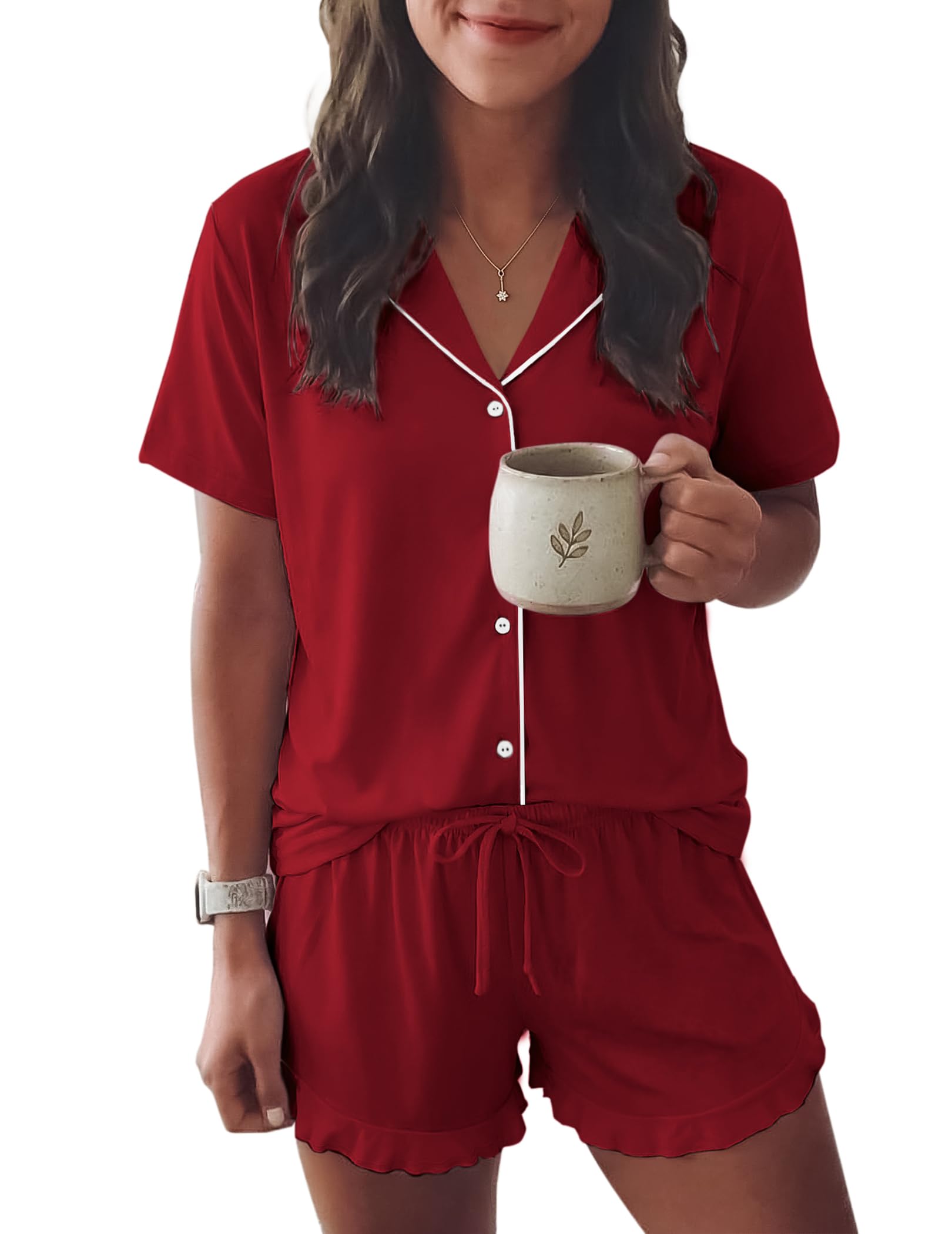 Ekouaer Womens Pajama Sets Button Down Cute Ruffled Pjs Set Sleepwear