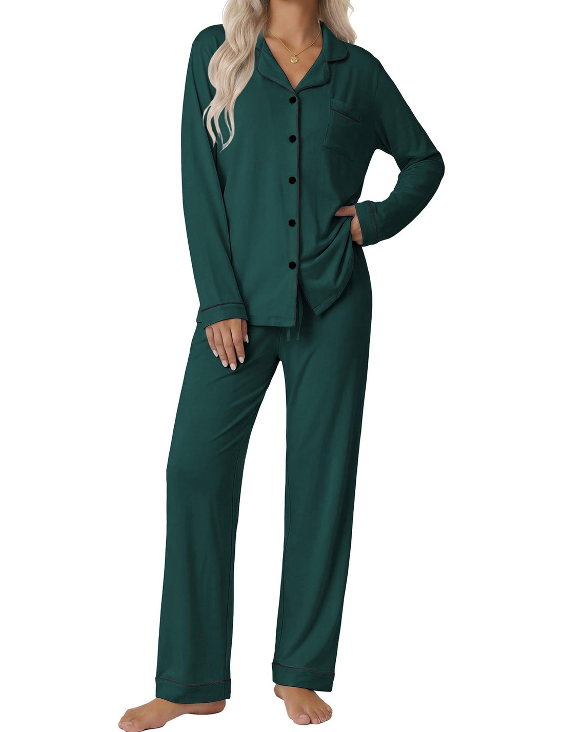 Ekouaer Women's Classic Long Sleeve Button Down Pajama Set
