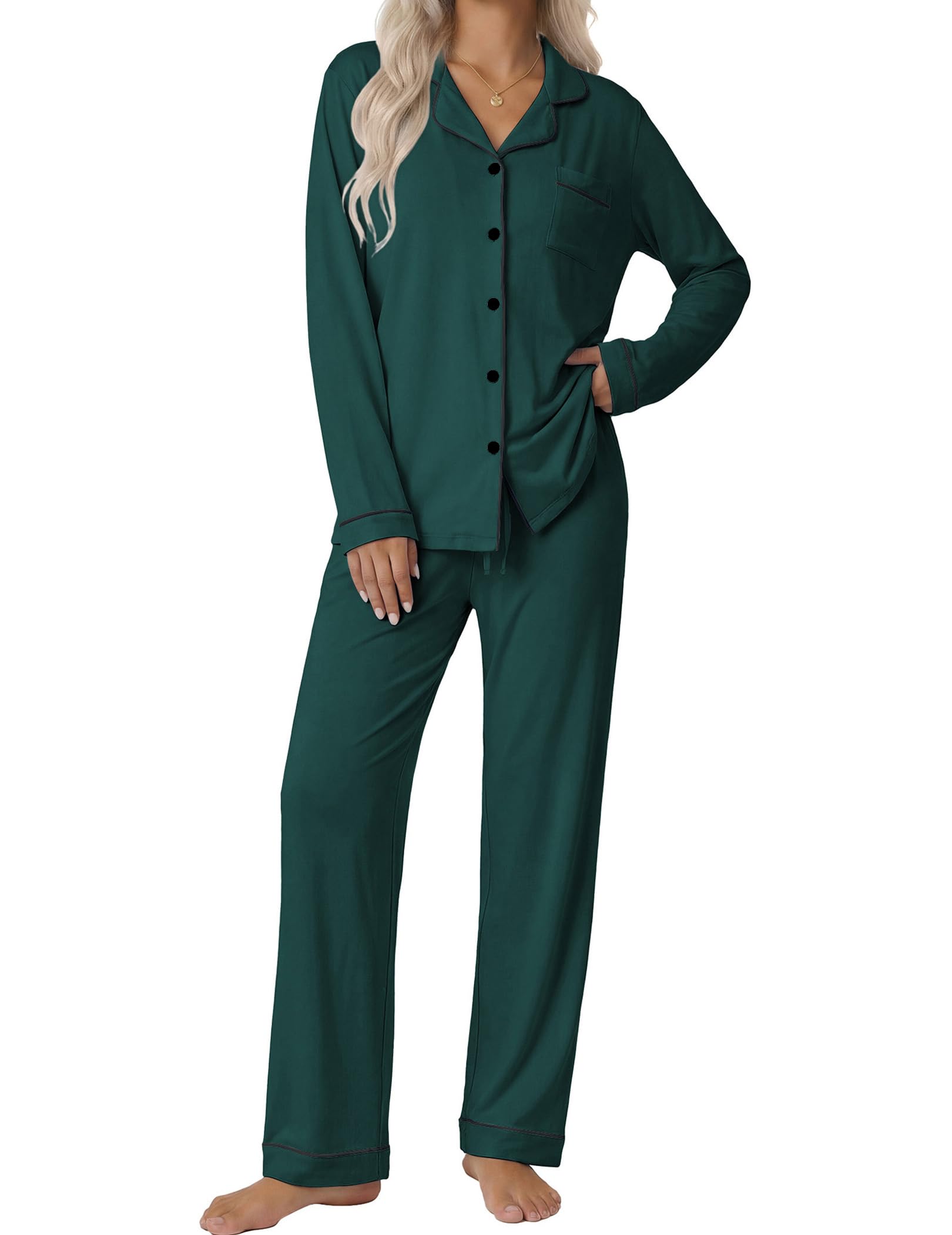Ekouaer Women's Classic Long Sleeve Button Down Pajama Set