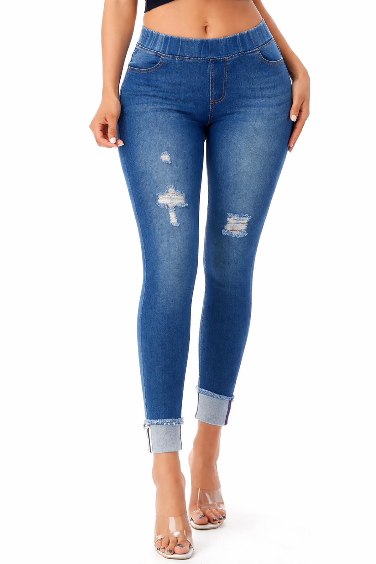 Jvini Women’s Stretch Denim Pull On Jeans with Pockets – Ripped Distressed Elastic Waist Jeggings Skinny Denim Pants