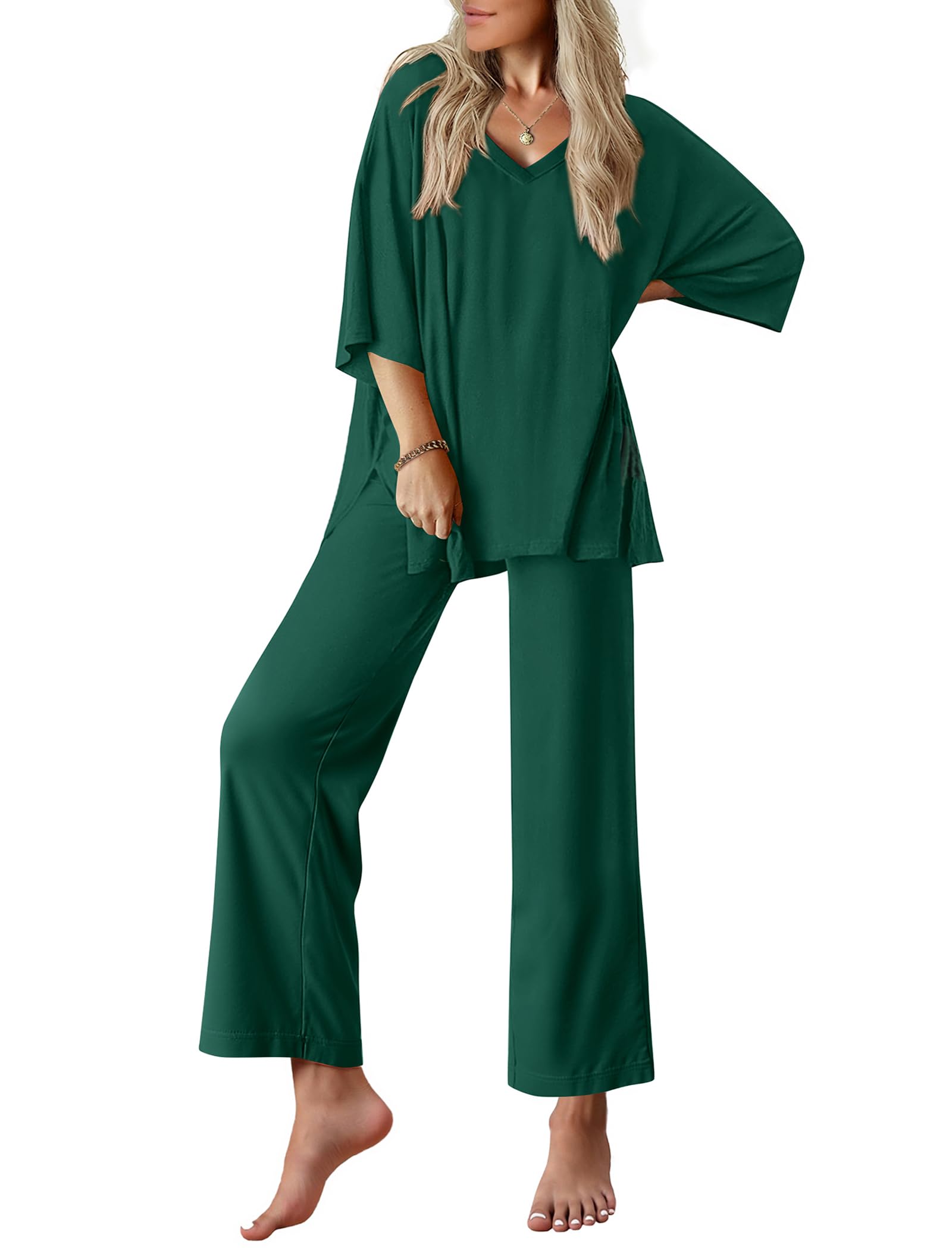 Ekouaer Lounge Sets for Women Short Sleeve Tops and Long Pants Pajamas Set