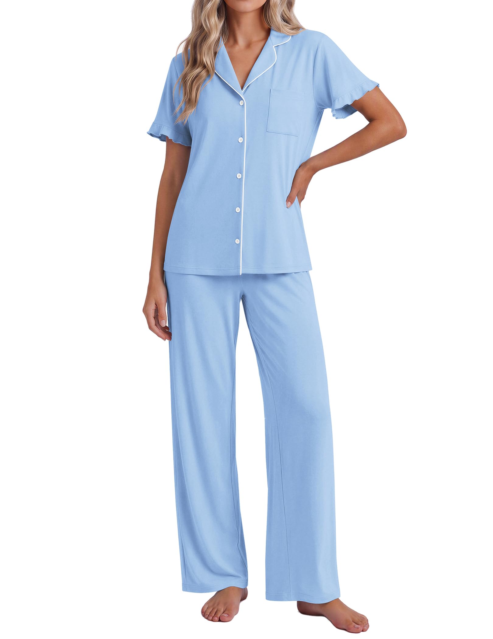 Ekouaer Pajamas for Women Set Button Up Soft Pjs Short Sleeve Lounge Sets