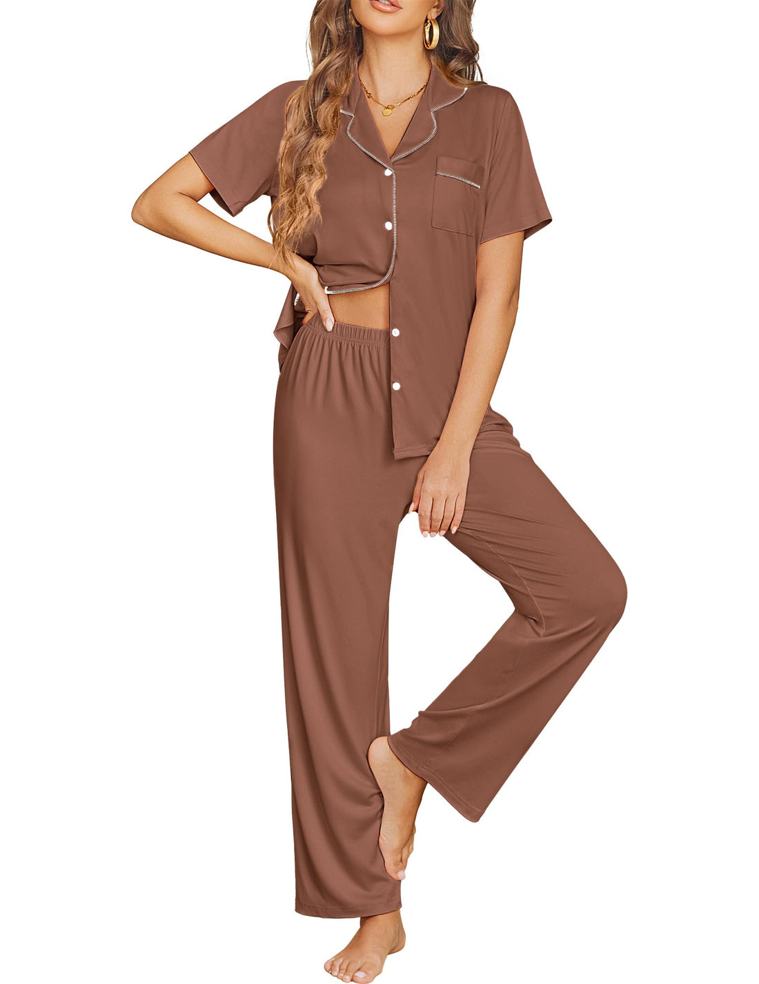 Ekouaer Womens Pajama Sets Button Down Lounge Sets 2 Piece Short Sleeve Pjs