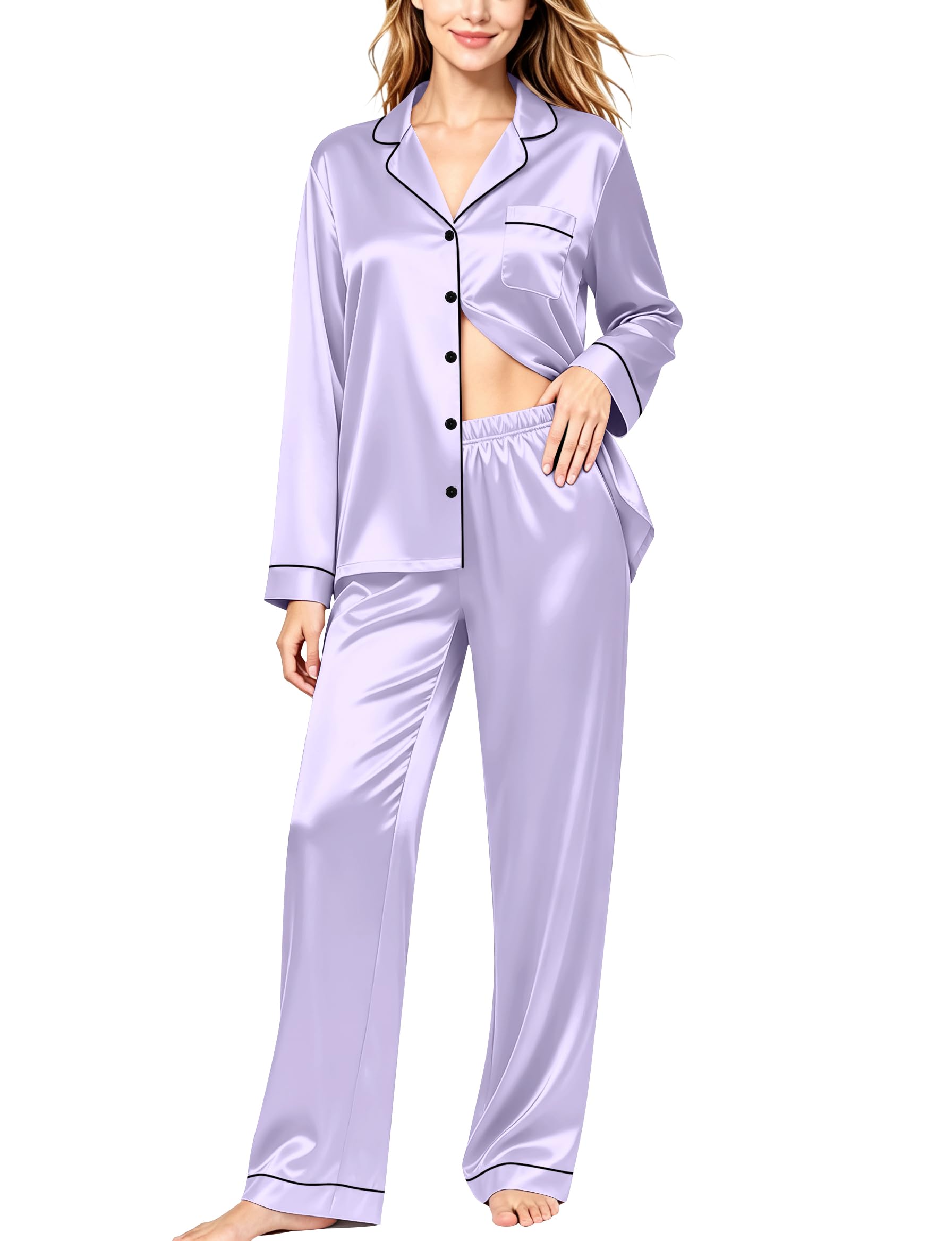 SWOMOG Womens Silk Satin Pajamas Set Long Sleeve Button Down Sleepwear 2 Piece Lounge Set Pj Set XS-3XL