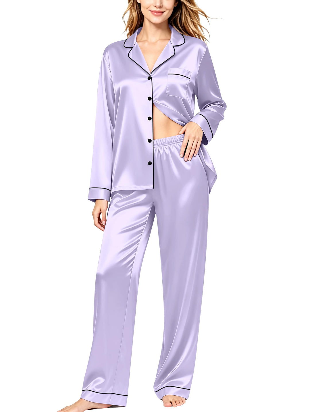 SWOMOG Womens Silk Satin Pajamas Set Long Sleeve Button Down Sleepwear 2 Piece Lounge Set Pj Set XS-3XL