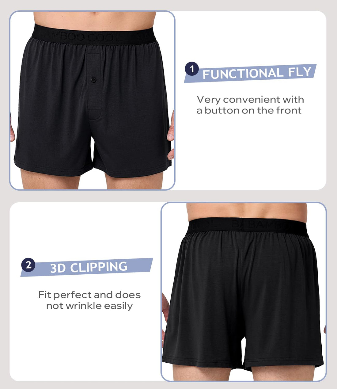 BAMBOO COOL Mens Underwear Boxers Moisture-wicking and Cool Men's Boxer Shorts Loose Fit Super Soft 4 Pack