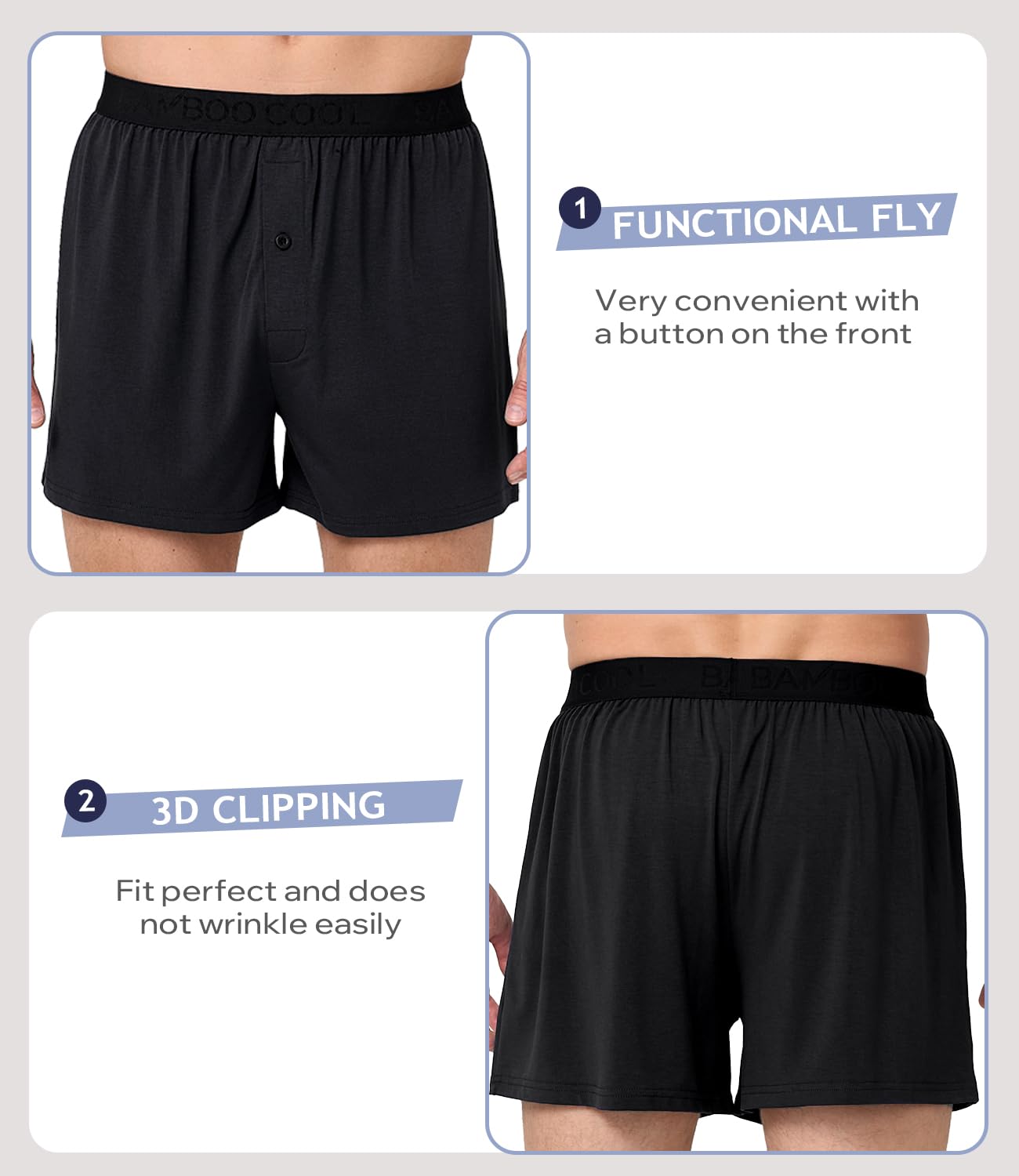 BAMBOO COOL Mens Underwear Boxers Moisture-wicking and Cool Men's Boxer Shorts Loose Fit Super Soft 4 Pack