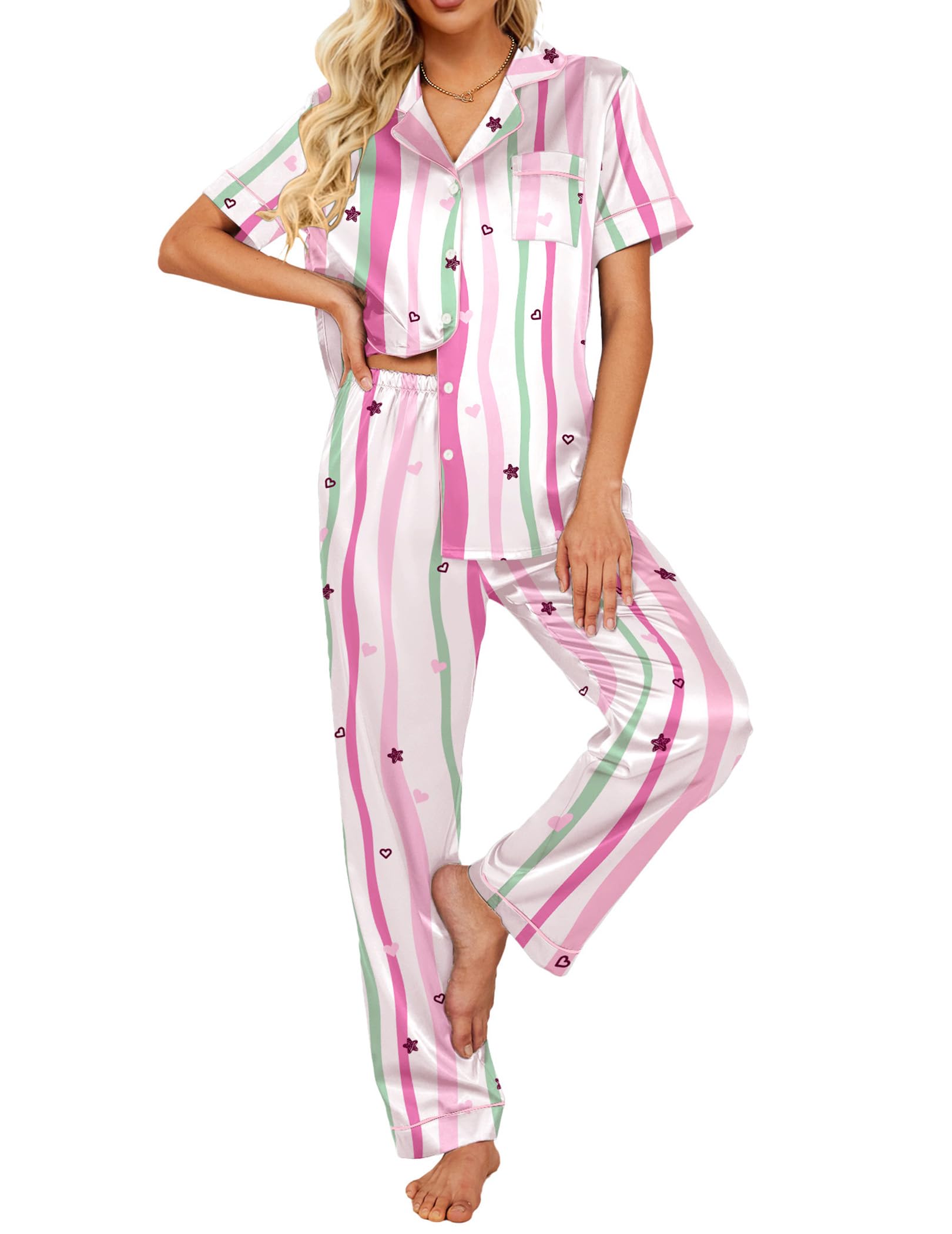 Ekouaer 2 Piece Satin Short Sleeve Pajamas Set Button Down Sleepwear